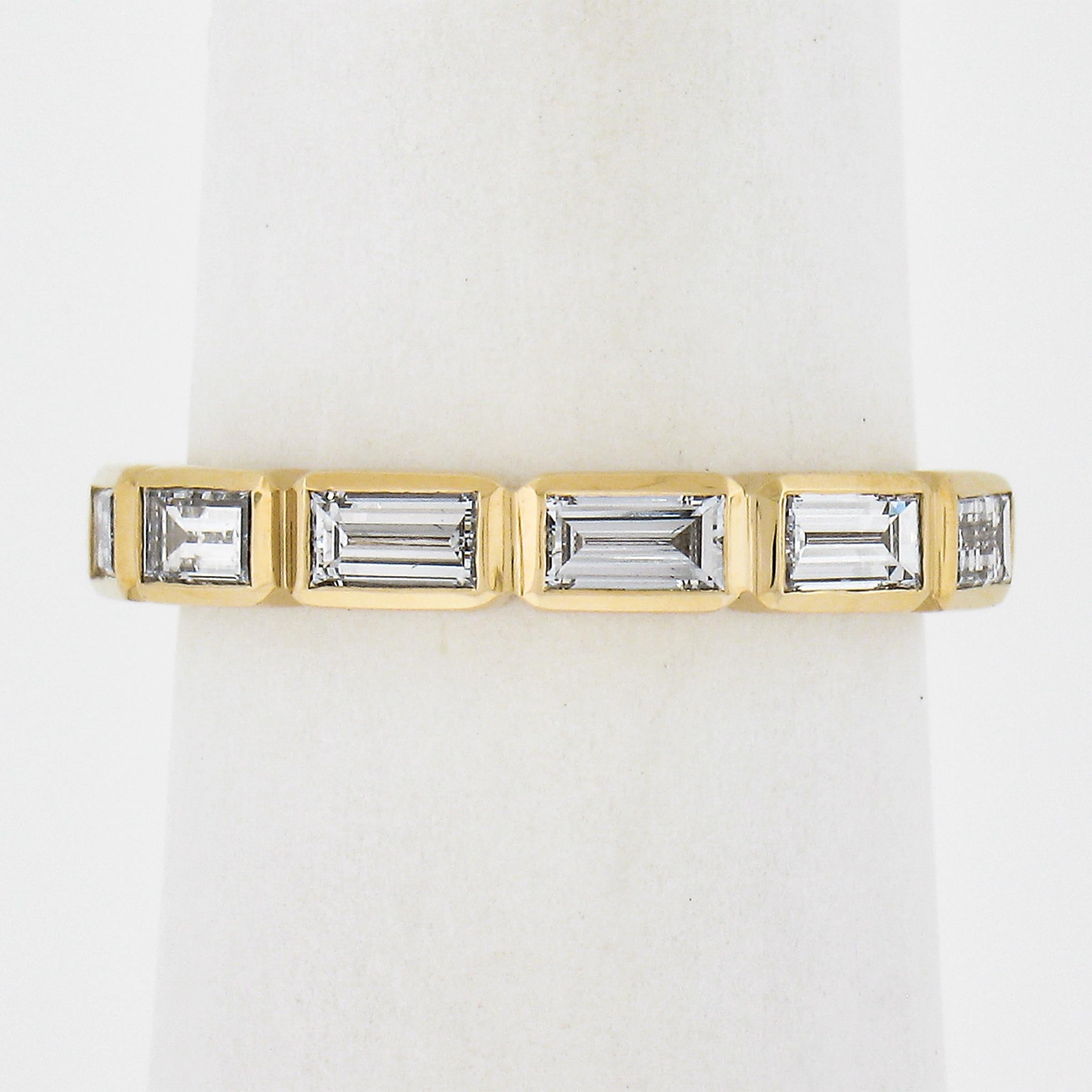 --Stone(s):--
(7) Natural Genuine Diamonds - Straight Baguette Cut - Bezel Set - G/H Color - VS1/VS2 Clarity
Total Carat Weight:	0.80 (exact)

Material: Solid 14k Yellow Gold
Weight: 2.26 Grams
Ring Size: 5.5 (Fitted on a finger. We can custom size