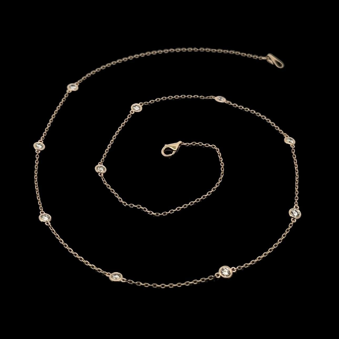 --Stone(s):--
(10) Natural Genuine Diamonds - Round Brilliant Cut - Bezel Set - H/I Color - VS1/VS2 Clarity
Total Carat Weight: 0.81 (Exact)

Material: 14k Solid Yellow Gold
Weight: 3.1 Grams
Chain Type: By The Yard Cable Link
Chain Length: 18