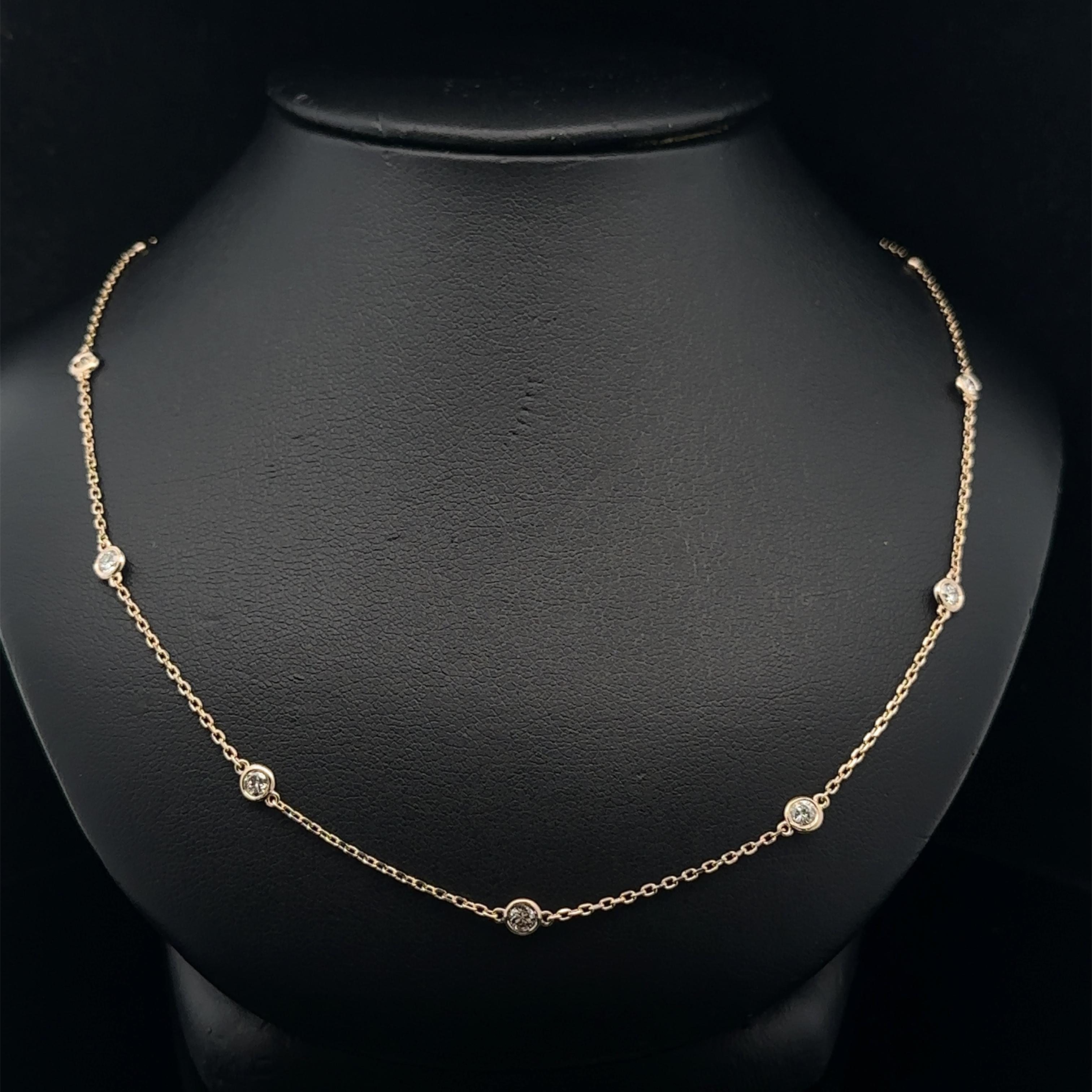 Brilliant Cut New 14k Yellow Gold 0.81ctw Round Diamond 10 Station By The Yard Chain Necklace For Sale
