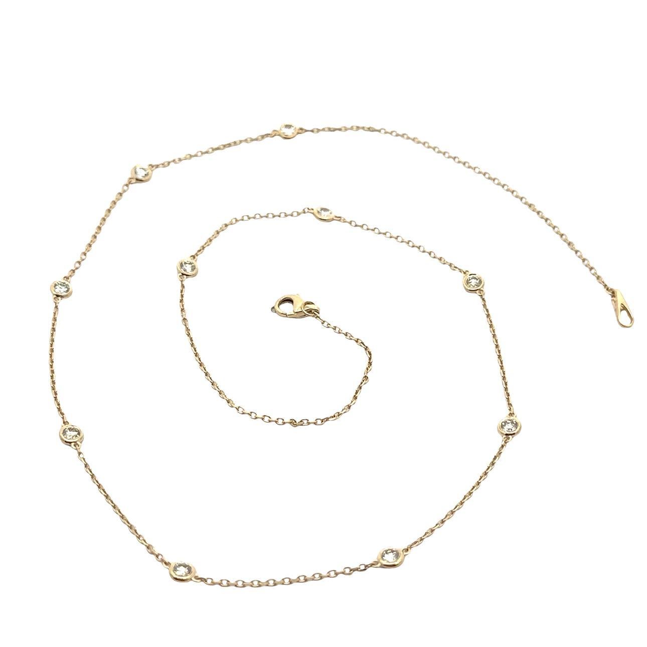 Women's New 14k Yellow Gold 0.81ctw Round Diamond 10 Station By The Yard Chain Necklace For Sale