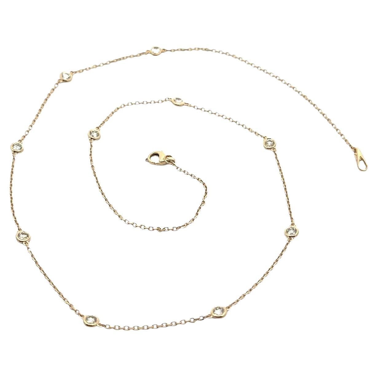 New 14k Yellow Gold 0.81ctw Round Diamond 10 Station By The Yard Chain Necklace