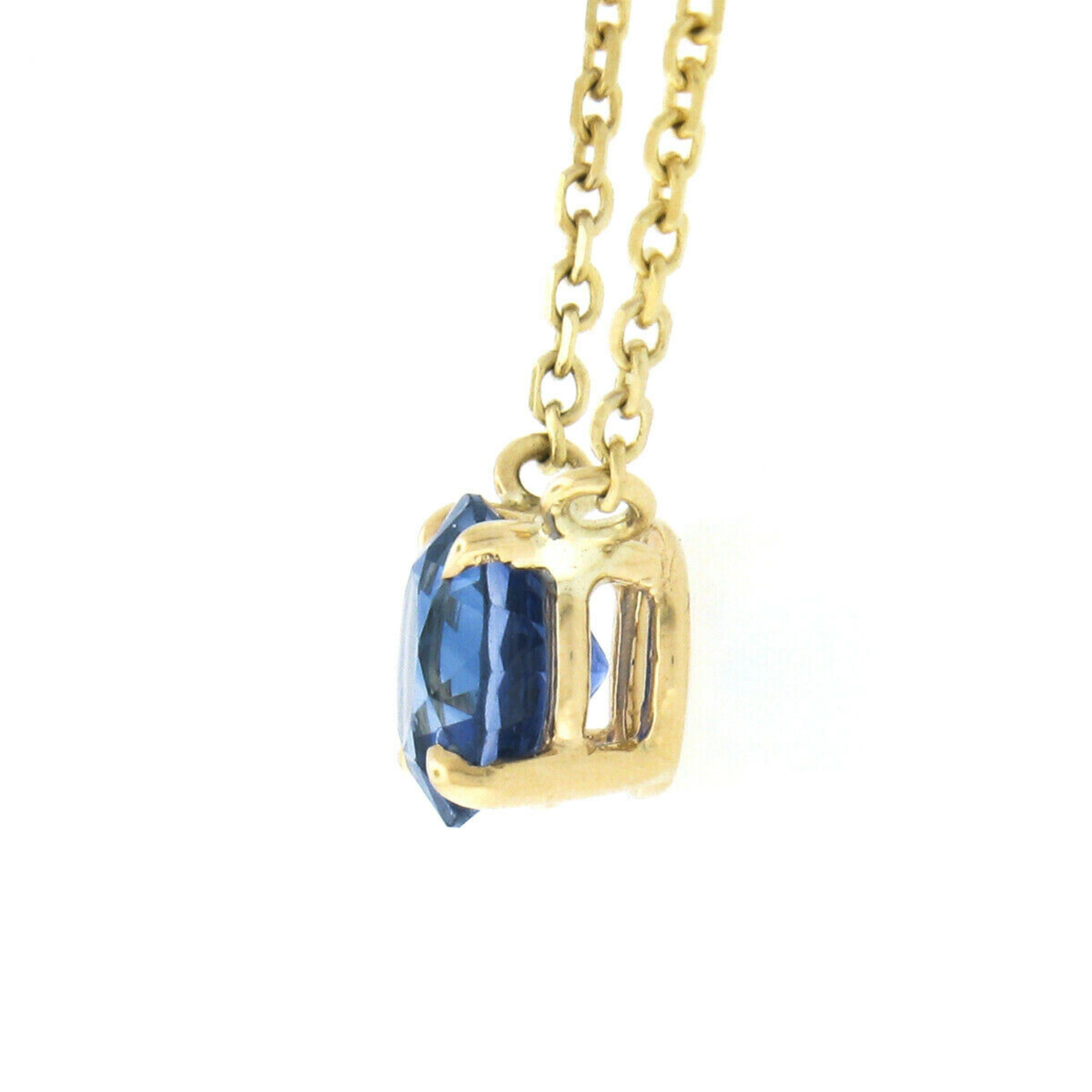 Round Cut New 14k Yellow Gold 0.93ct Round Prong Sapphire Solitaire Pendant Chain Necklace For Sale