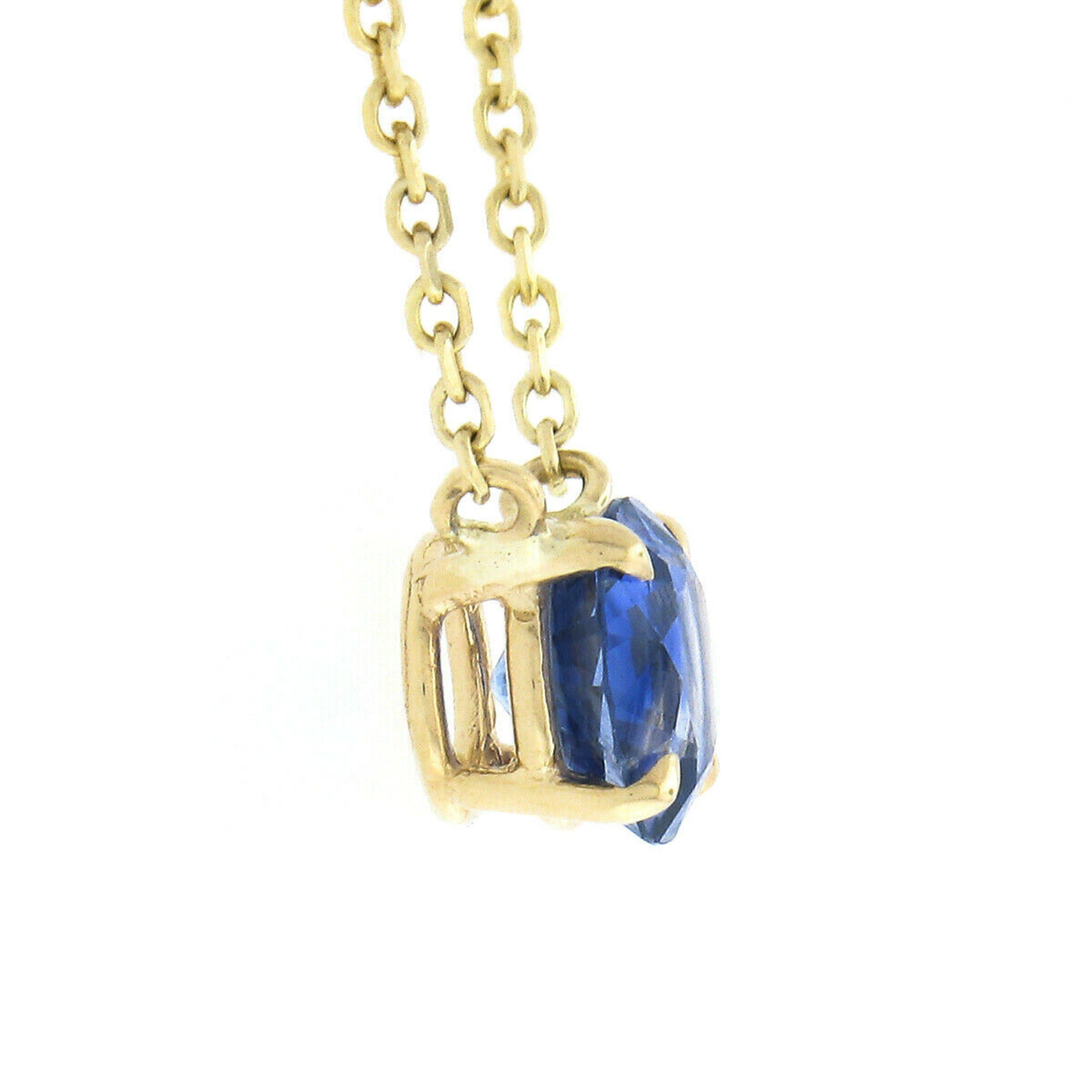New 14k Yellow Gold 0.93ct Round Prong Sapphire Solitaire Pendant Chain Necklace In New Condition For Sale In Montclair, NJ