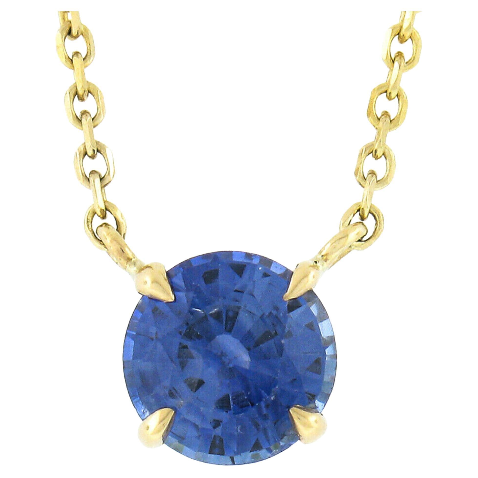 New 14k Yellow Gold 0.93ct Round Prong Sapphire Solitaire Pendant Chain Necklace For Sale