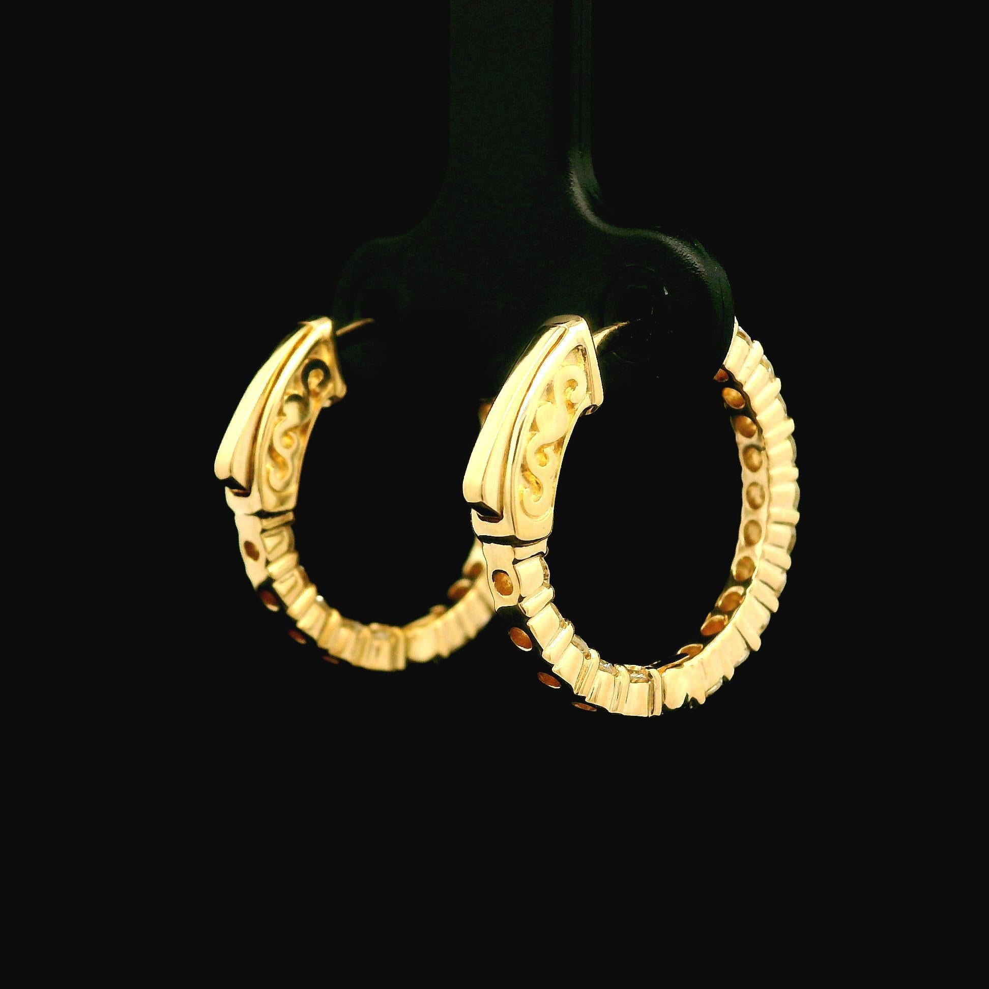 Brilliant Cut New 14k Yellow Gold 1.22ctw Diamond In & Out Classic Hoop Earrings For Sale