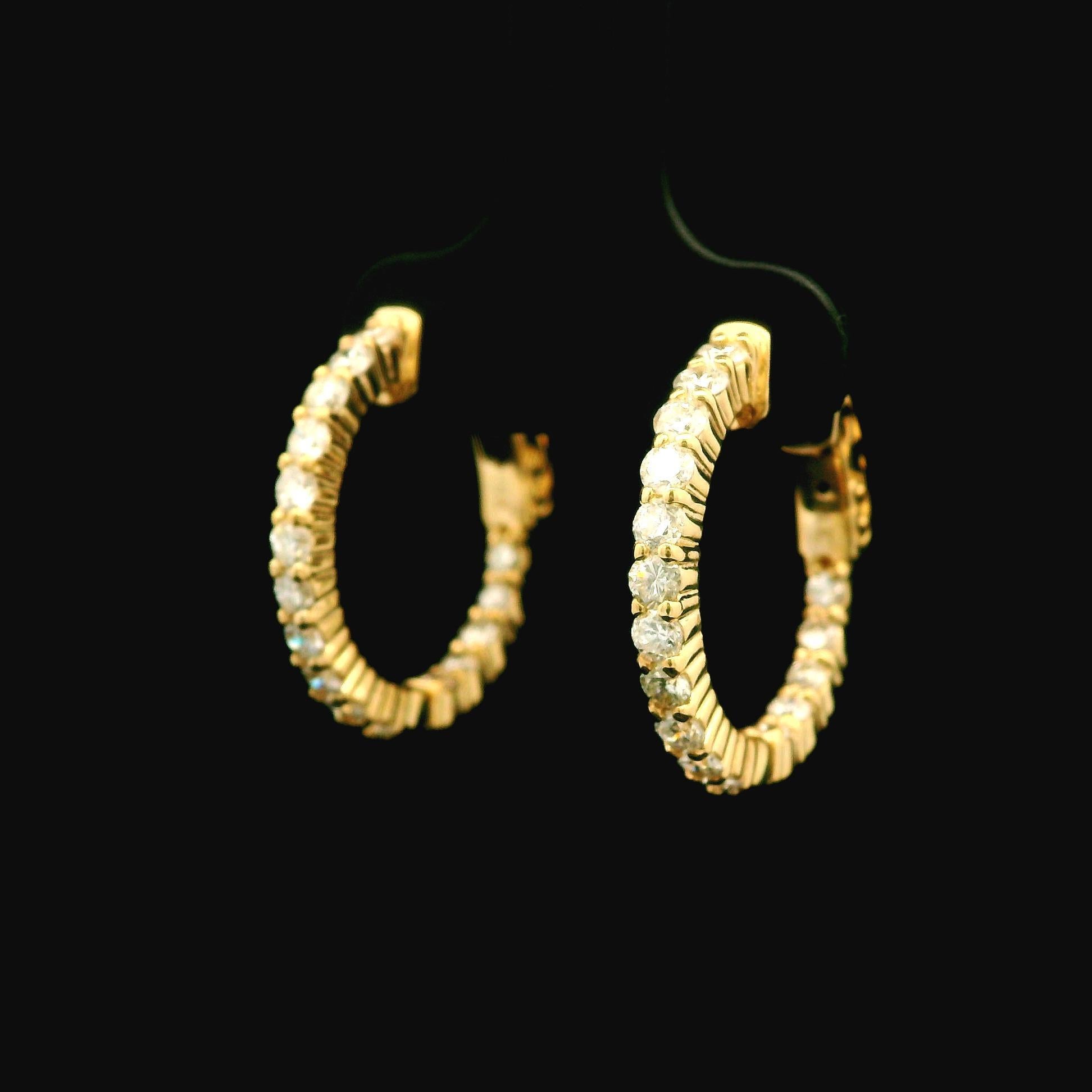 New 14k Yellow Gold 1.22ctw Diamond In & Out Classic Hoop Earrings For Sale 3