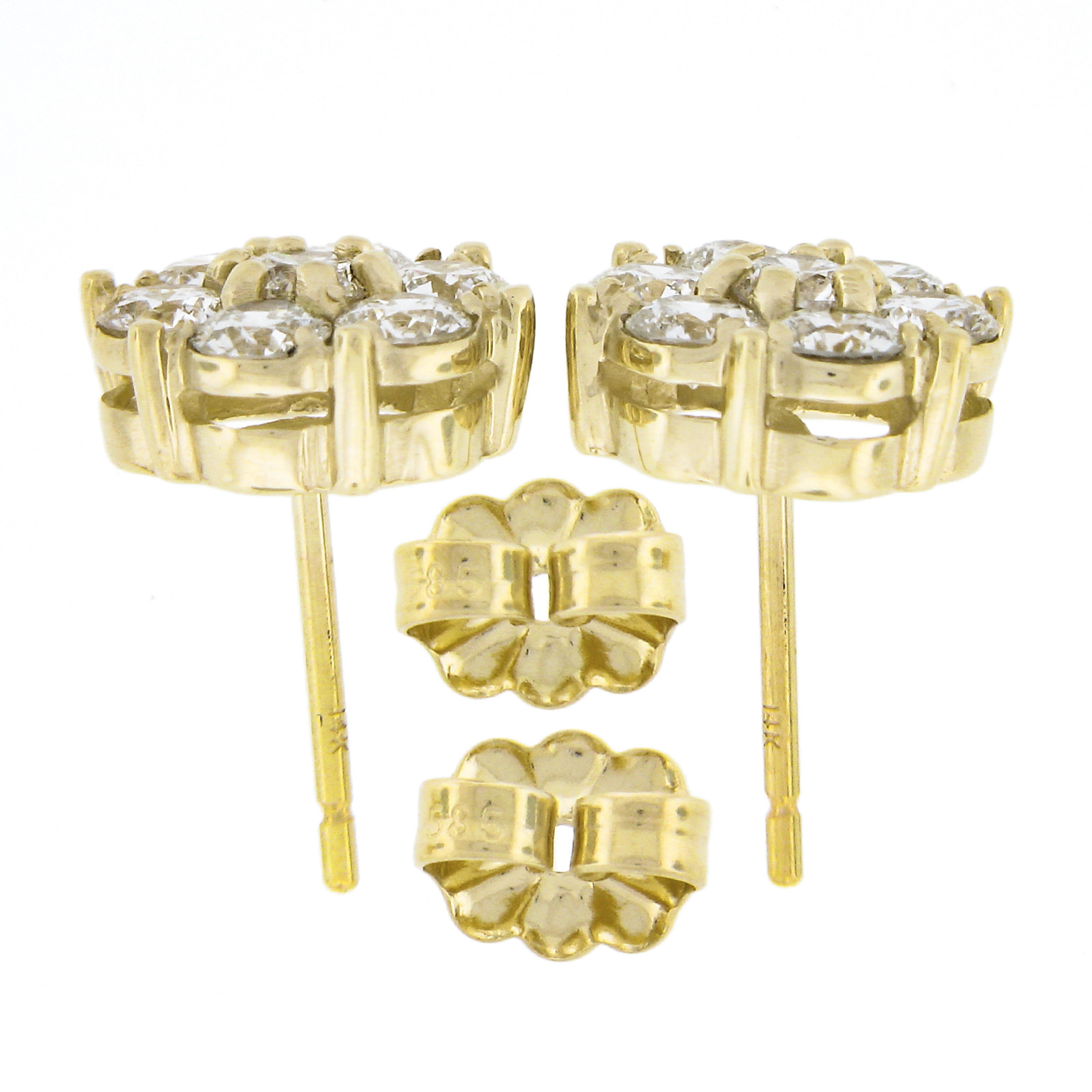 New 14k Yellow Gold 1.22ctw Fiery Brilliant Diamond Cluster Flower Stud Earrings In New Condition For Sale In Montclair, NJ