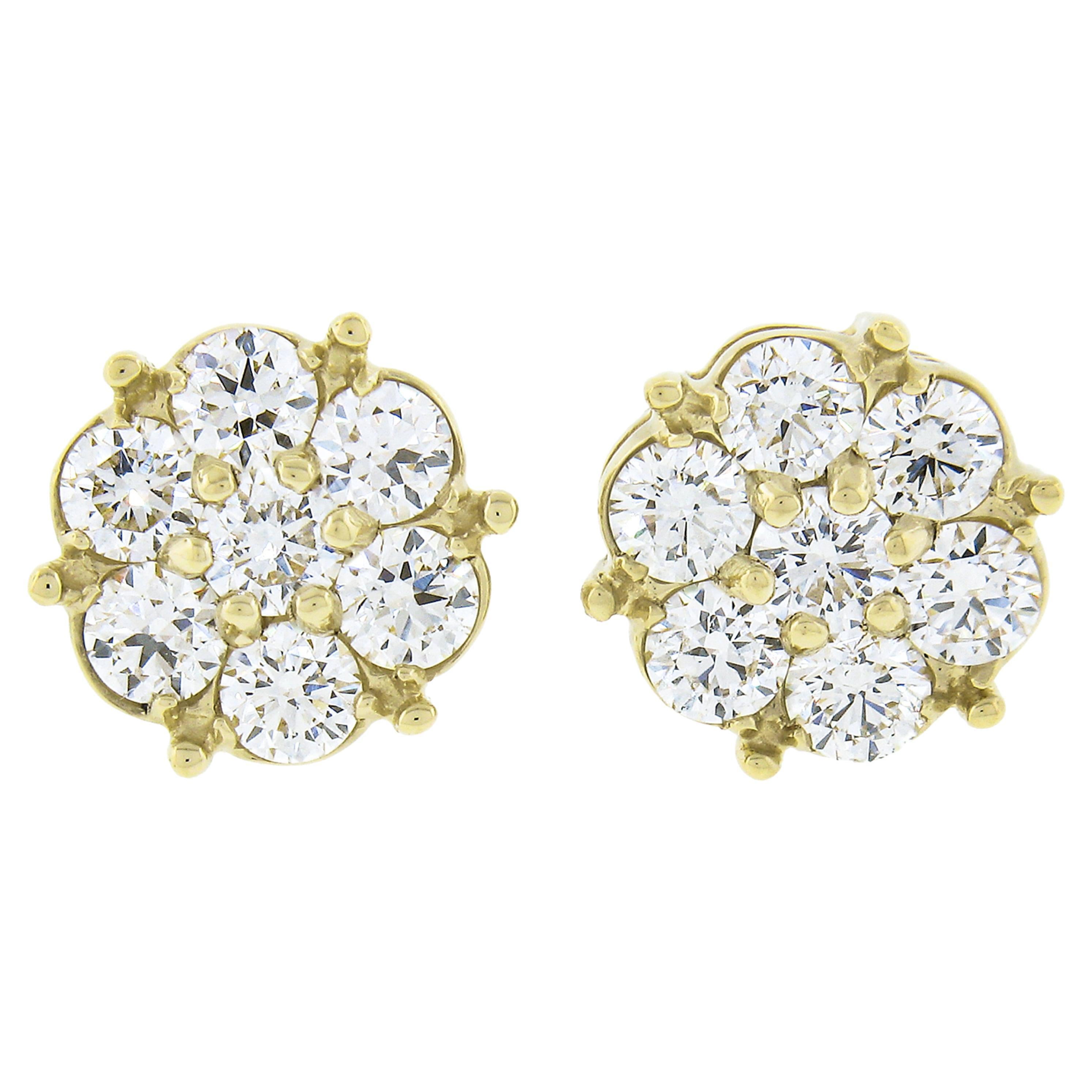 New 14k Yellow Gold 1.22ctw Fiery Brilliant Diamond Cluster Flower Stud Earrings For Sale