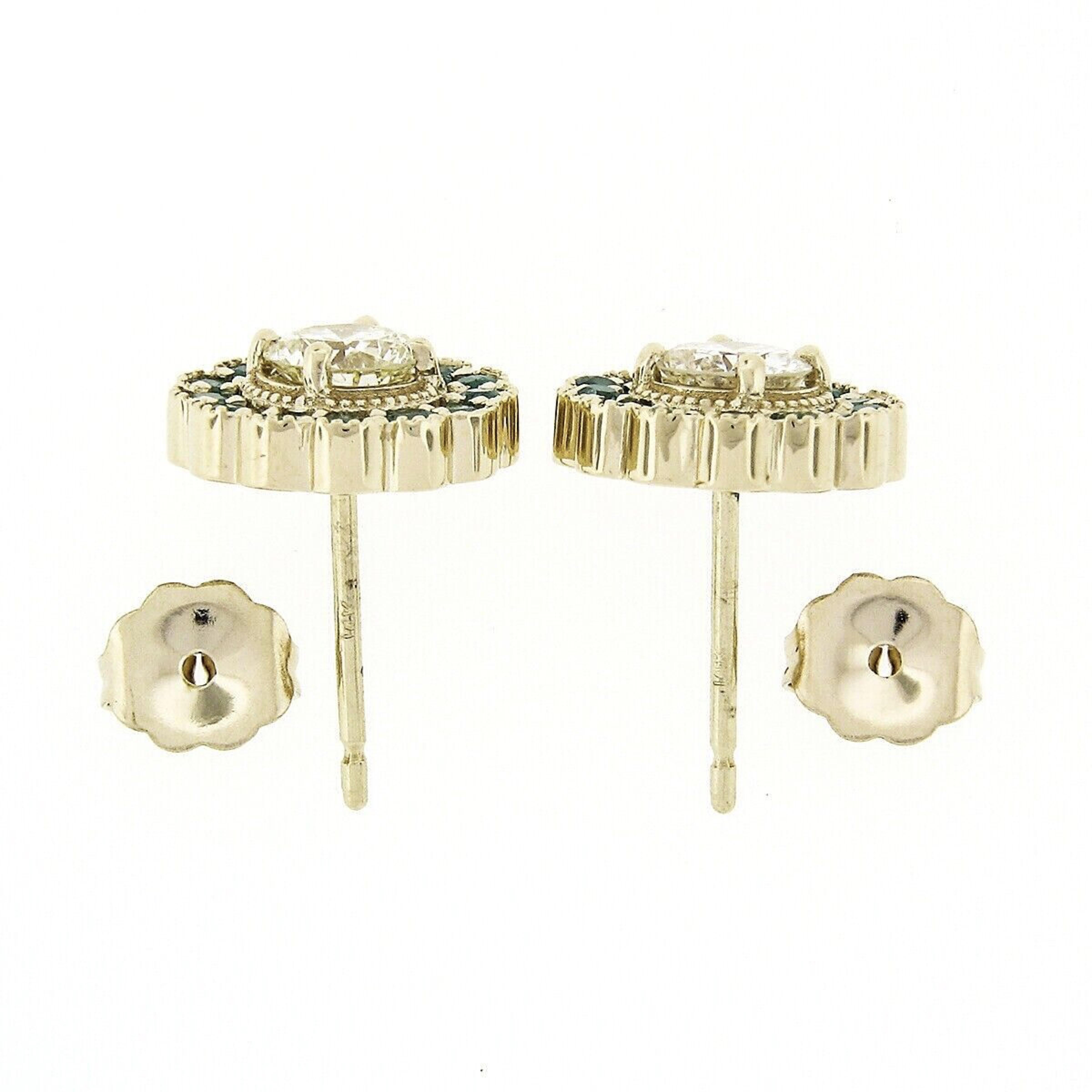 Round Cut New 14k Yellow Gold 1.33ct Diamond Emerald Halo Milgrain Flower Cluster Earrings For Sale