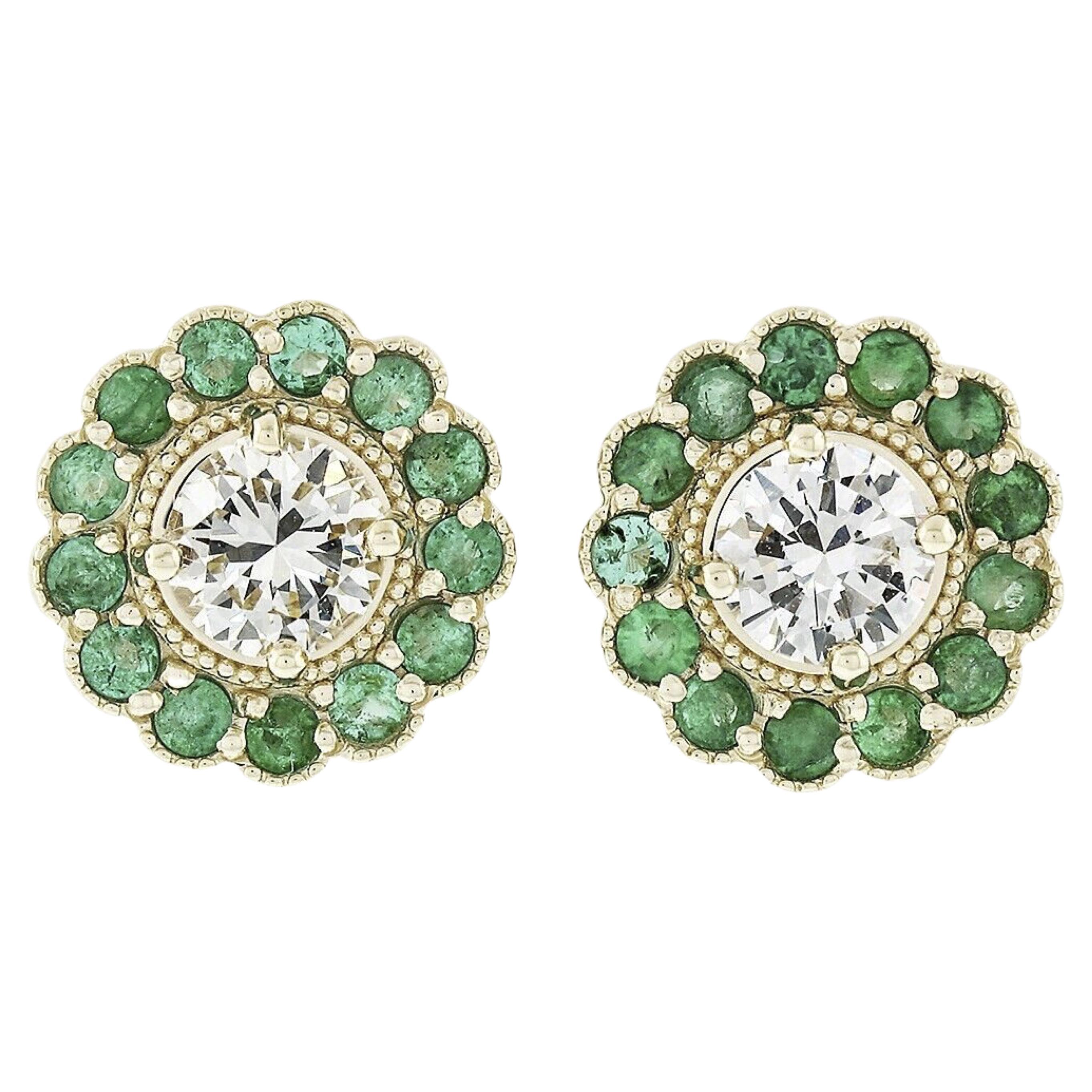 New 14k Yellow Gold 1.33ct Diamond Emerald Halo Milgrain Flower Cluster Earrings For Sale