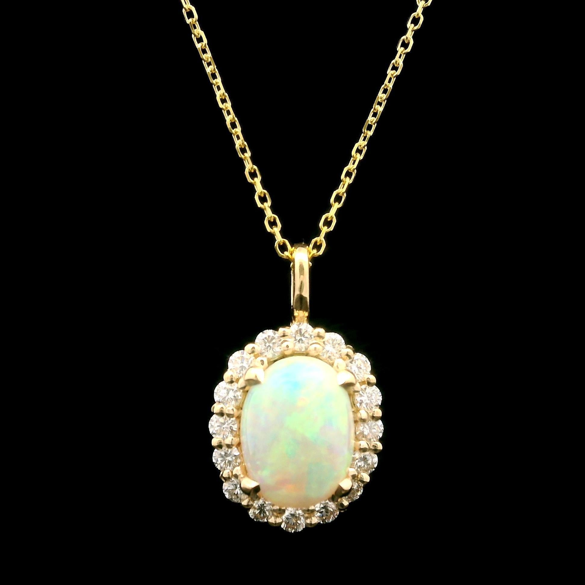 New 14k Yellow Gold 1.52ctw Oval Opal & Diamond Halo Pendant Adjustable Necklace For Sale 5