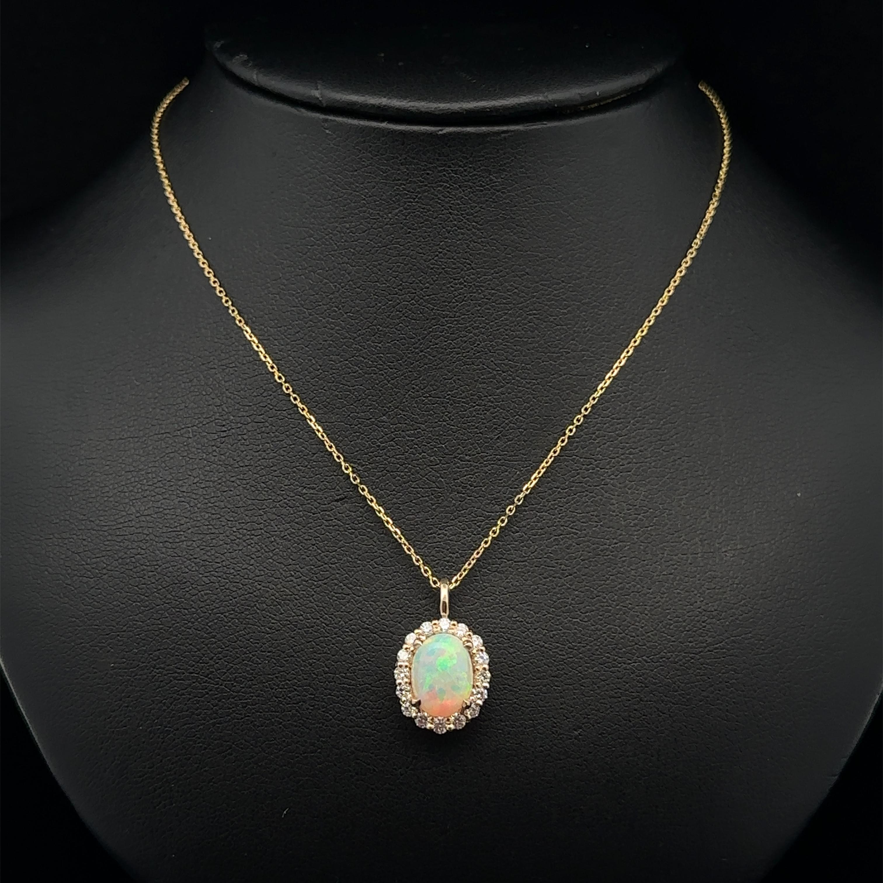New 14k Yellow Gold 1.52ctw Oval Opal & Diamond Halo Pendant Adjustable Necklace For Sale 6
