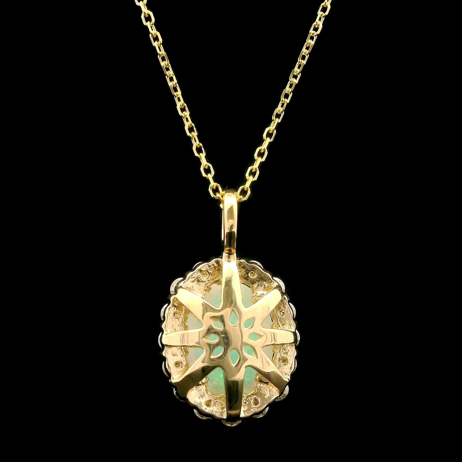 Cabochon New 14k Yellow Gold 1.52ctw Oval Opal & Diamond Halo Pendant Adjustable Necklace For Sale