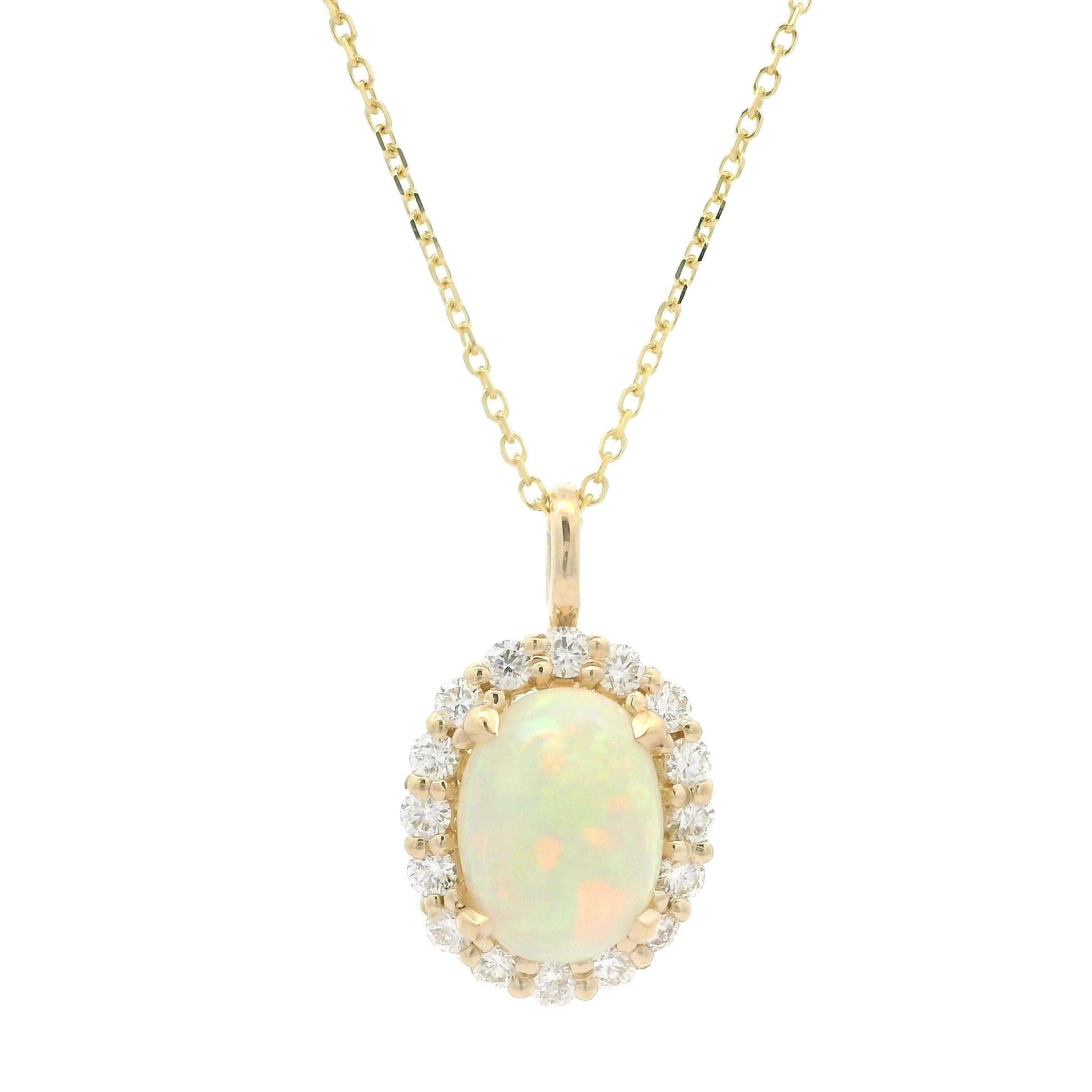 New 14k Yellow Gold 1.52ctw Oval Opal & Diamond Halo Pendant Adjustable Necklace In New Condition For Sale In Montclair, NJ