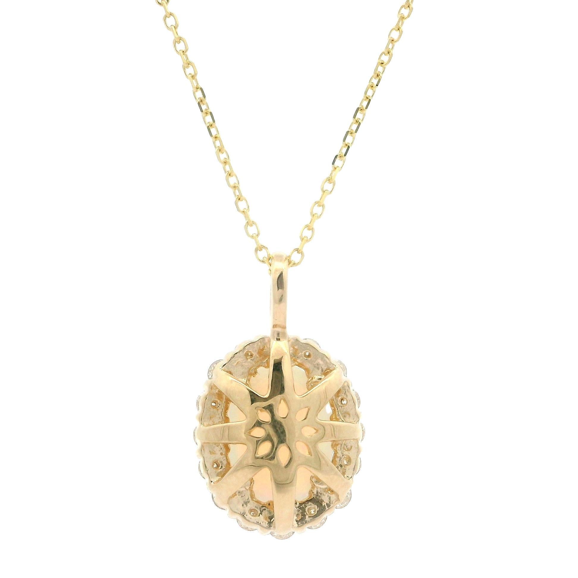New 14k Yellow Gold 1.52ctw Oval Opal & Diamond Halo Pendant Adjustable Necklace For Sale 1