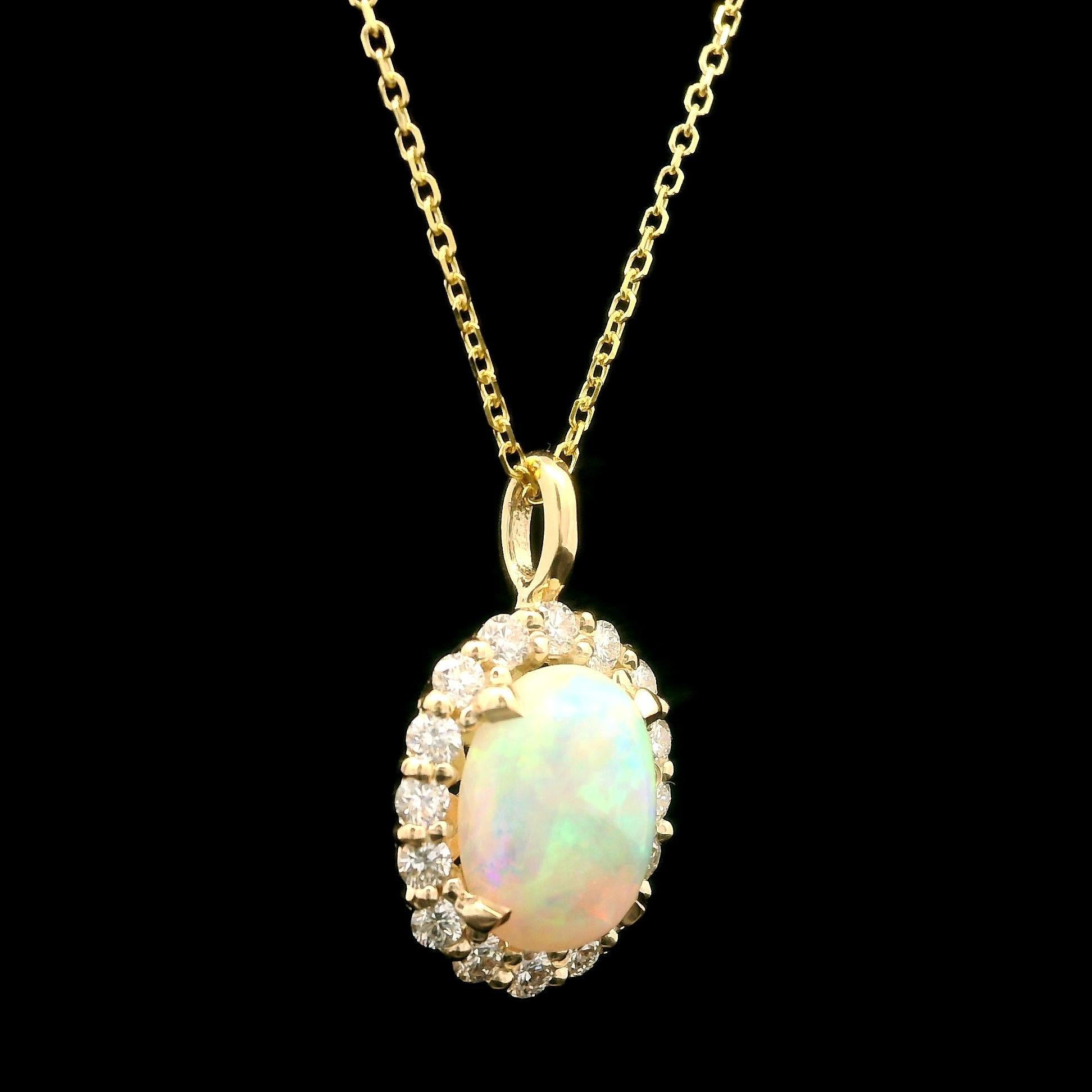 New 14k Yellow Gold 1.52ctw Oval Opal & Diamond Halo Pendant Adjustable Necklace For Sale 3