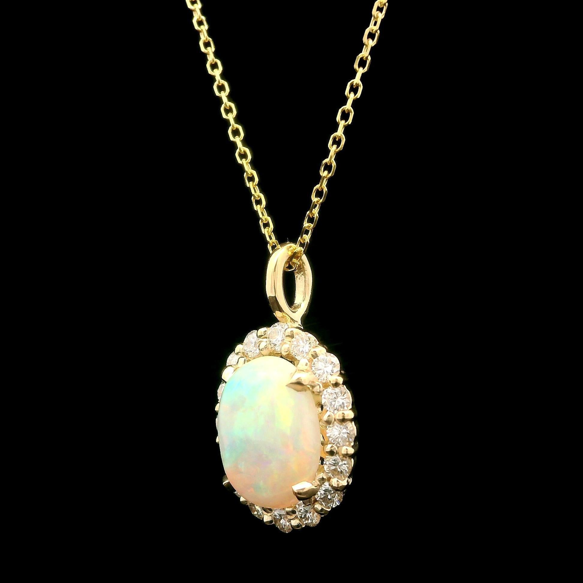 New 14k Yellow Gold 1.52ctw Oval Opal & Diamond Halo Pendant Adjustable Necklace For Sale 4