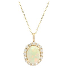 New 14k Yellow Gold 1.52ctw Oval Opal & Diamond Halo Pendant Adjustable Necklace