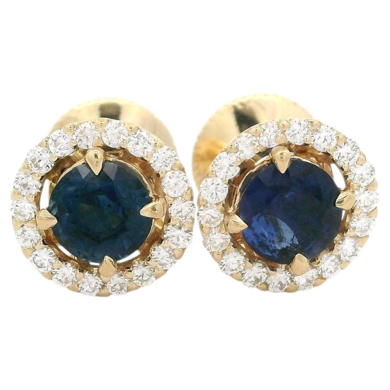 New 14k Yellow Gold 1.68ctw Round Sapphire Diamond Halo Stud Earrings