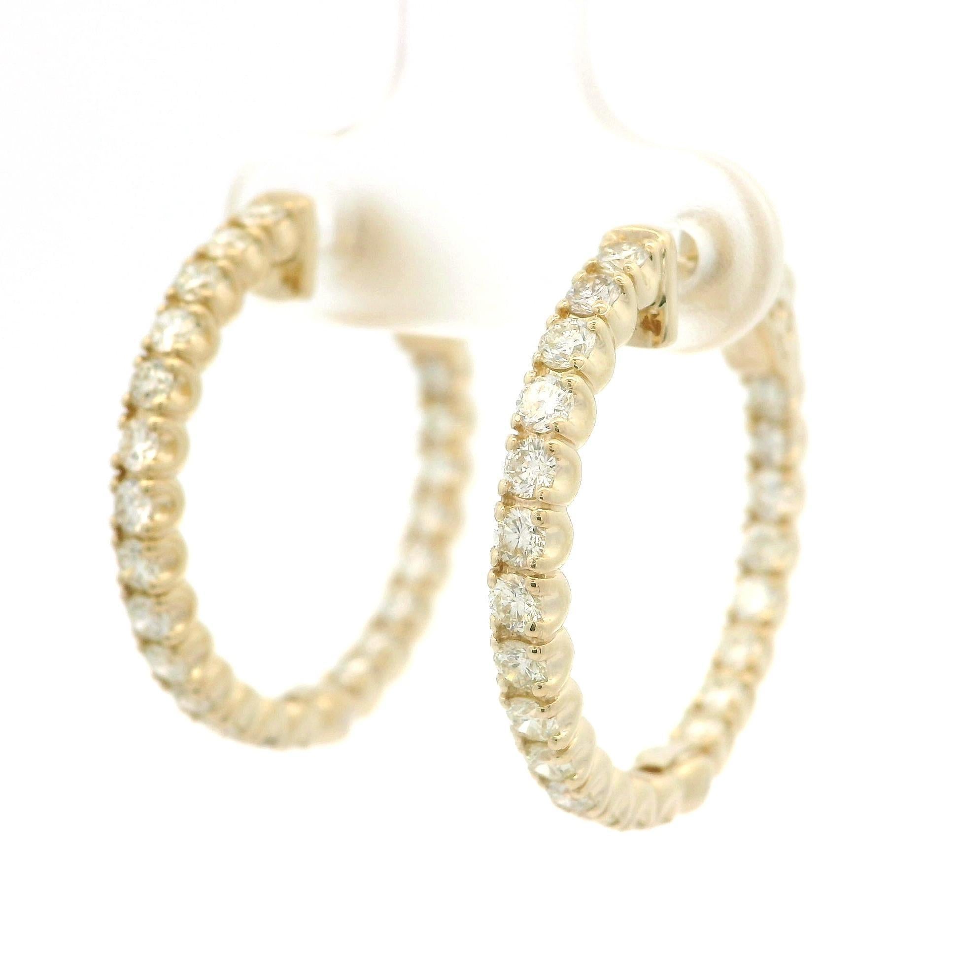 Donna New 14k Yellow Gold 1.71ctw Diamond In & Out Fancy Hoop Earrings w/ Push Clasp in vendita