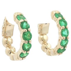 New 14k Yellow Gold 1.72ctw Vivid Green Emerald Push Button Huggie Hoop Earrings