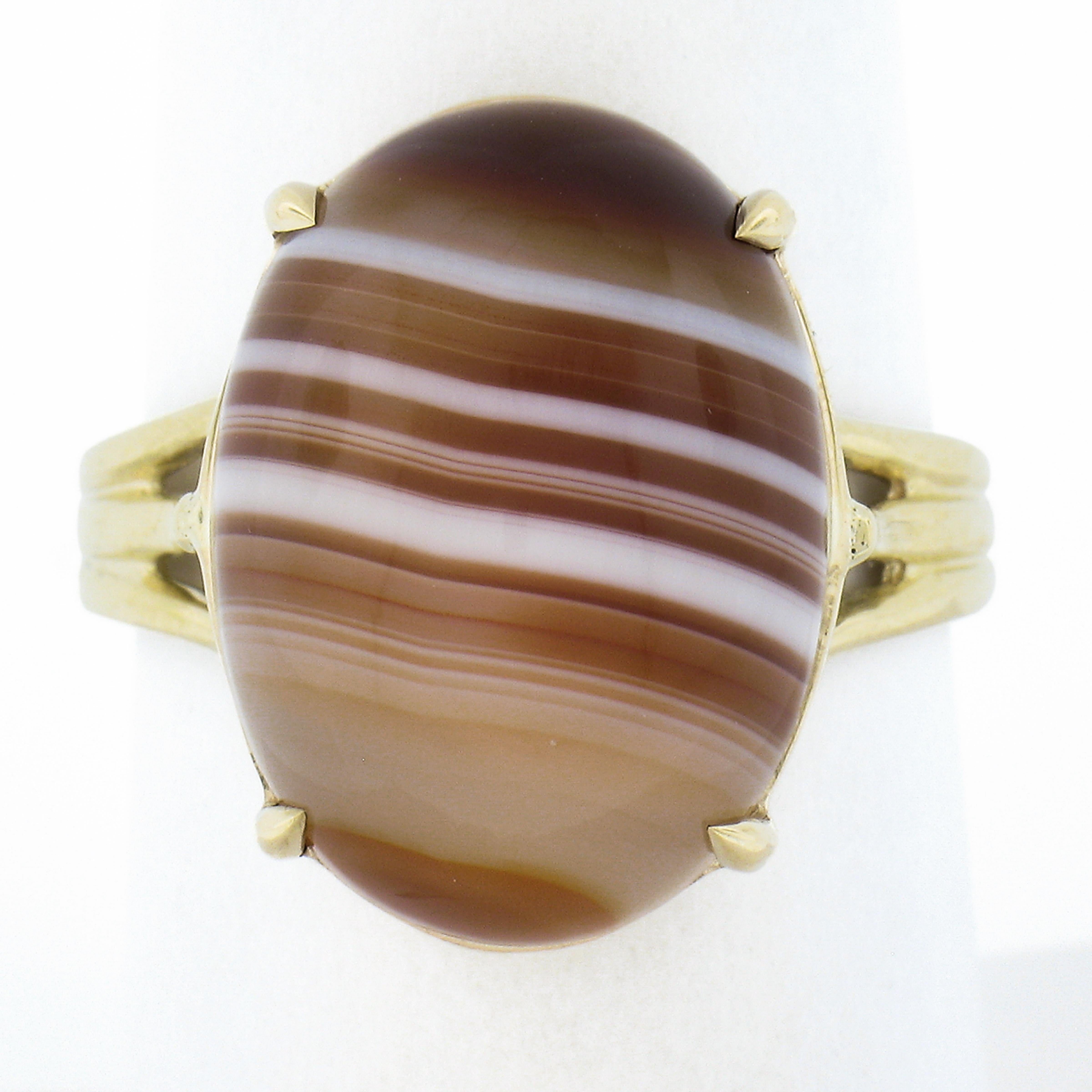 This new classy solitaire ring was crafted in solid 14k yellow gold features an oval cabochon banded agate neatly claw prong set at its center. The agate shows a wonderful brown color with white lines. Enjoy :)

--Stone(s):--
(1) Natural Genuine