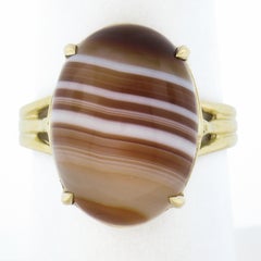 New 14k Yellow Gold 17x13mm Oval Cabochon Brown Banded Agate Solitaire