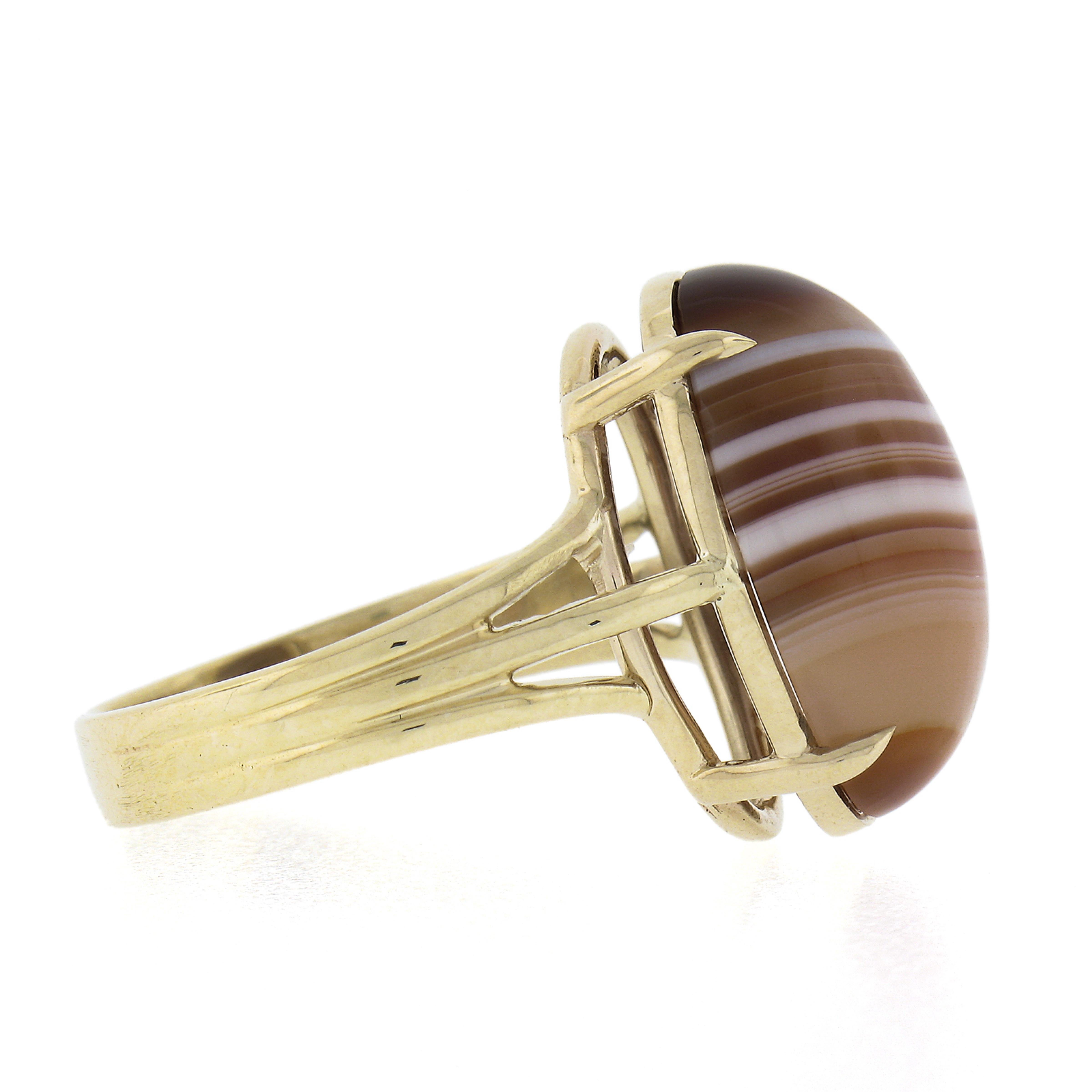 Women's New 14k Yellow Gold Oval Cabochon Brown Banded Agate Solitaire Ring For Sale
