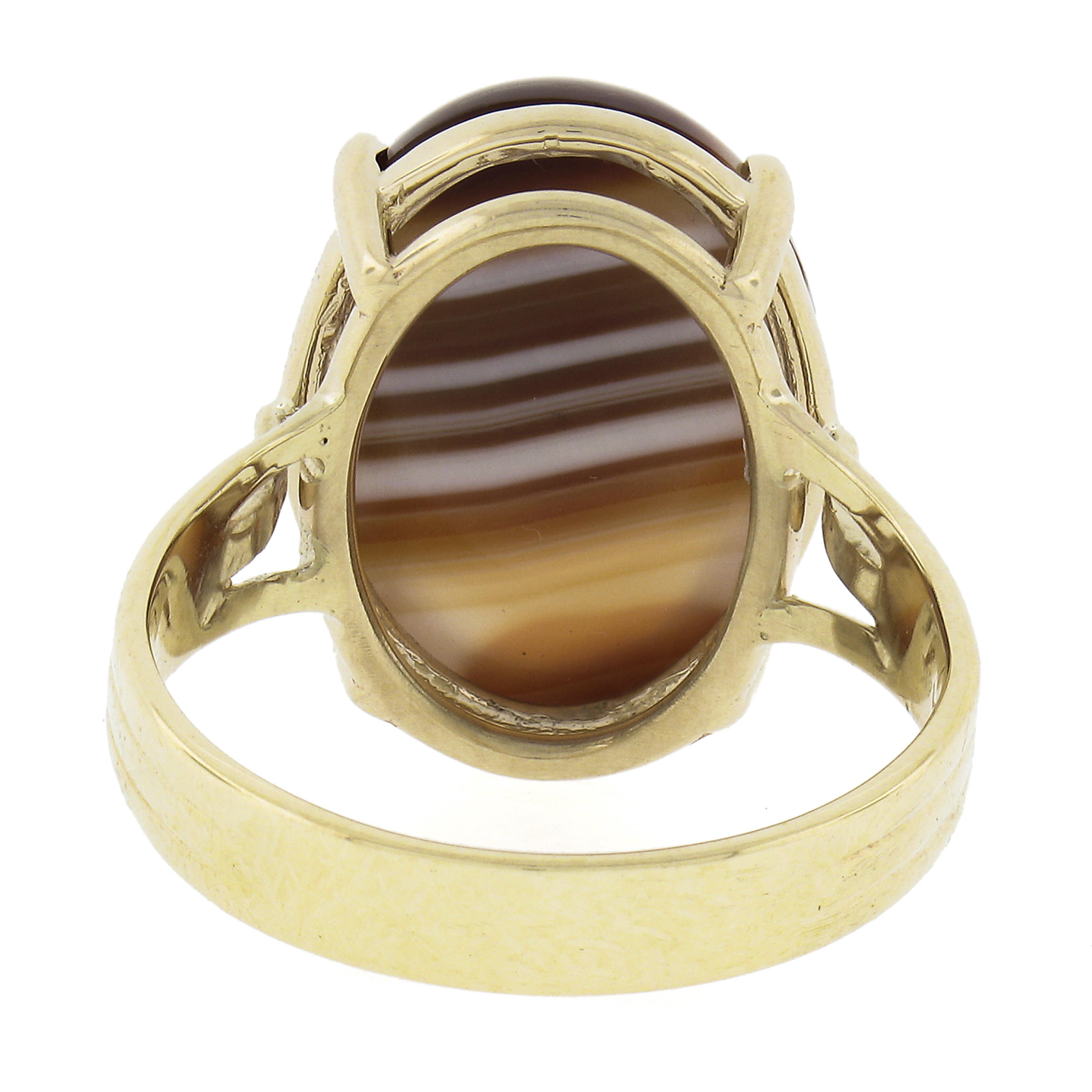 New 14k Yellow Gold 17x13mm Oval Cabochon Brown Banded Agate Solitaire en vente 2
