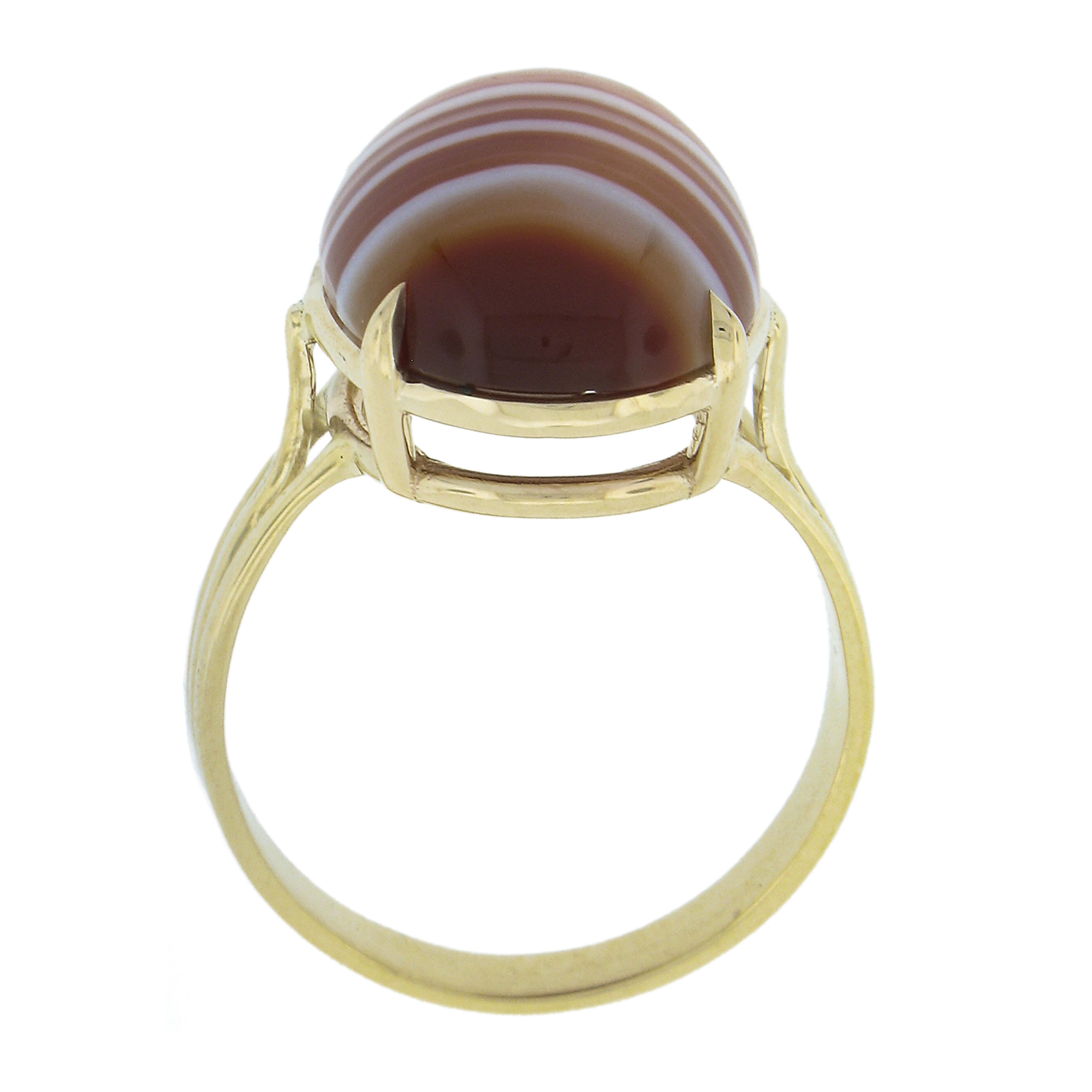 New 14k Yellow Gold Oval Cabochon Brown Banded Agate Solitaire Ring For Sale 3