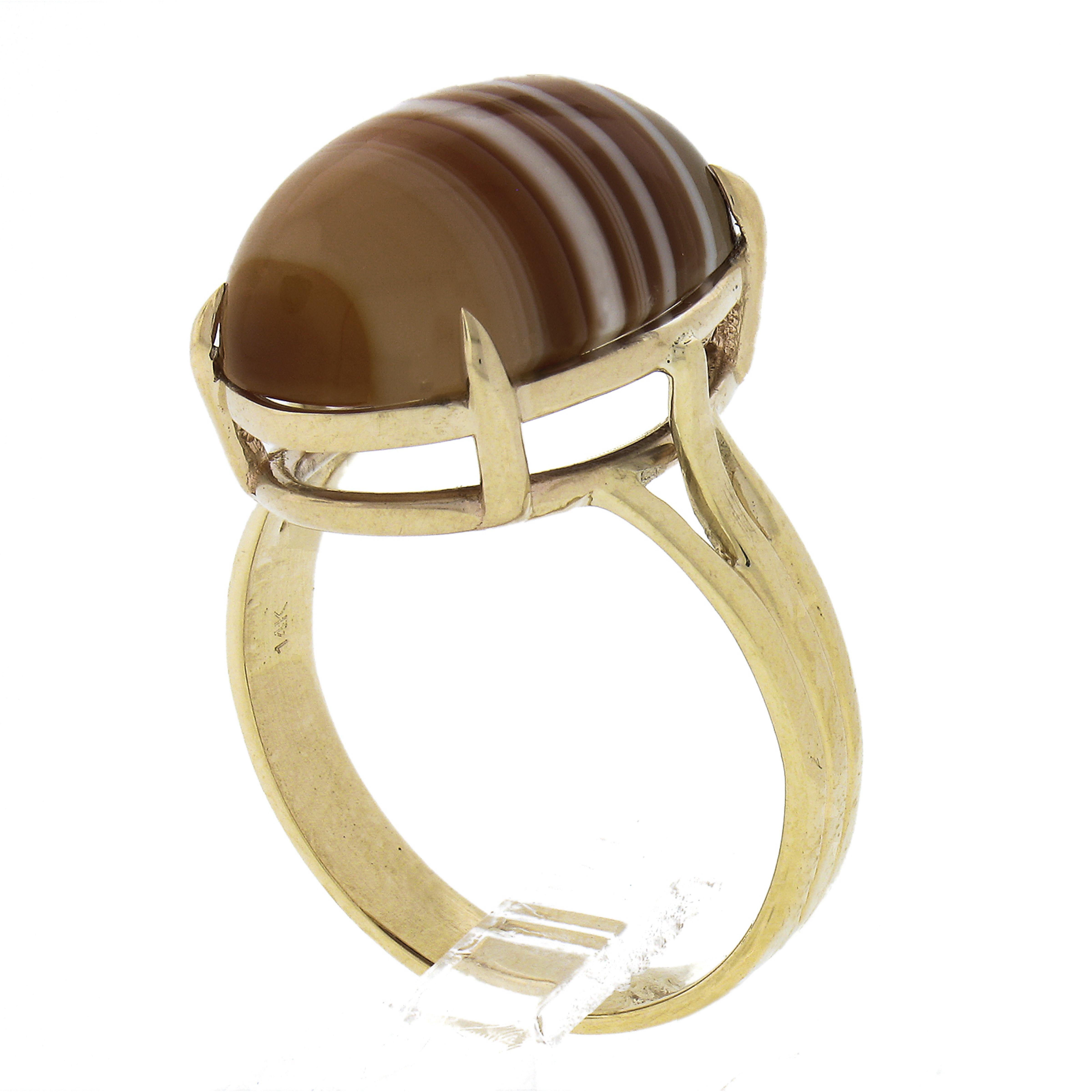 New 14k Yellow Gold Oval Cabochon Brown Banded Agate Solitaire Ring For Sale 4