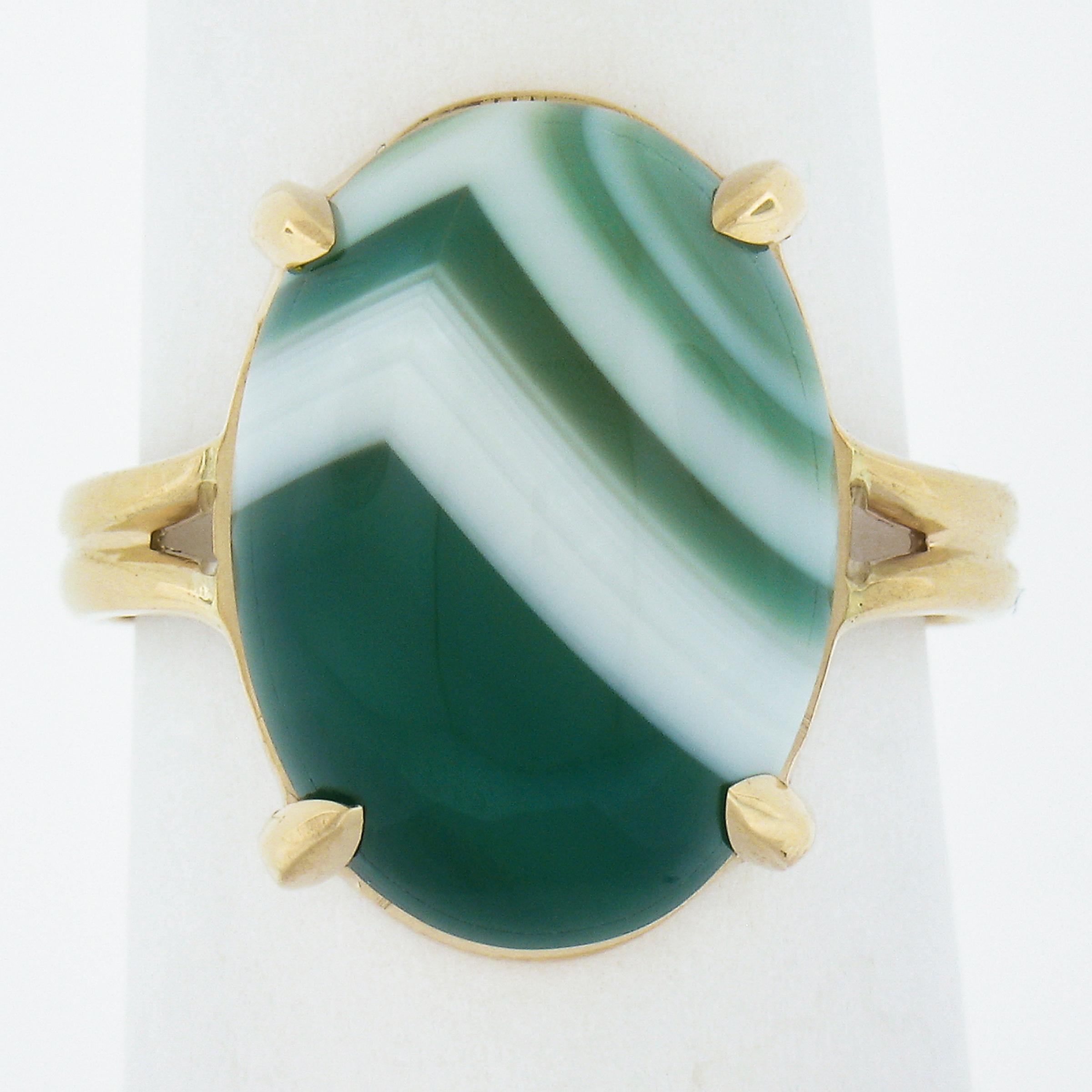 --Stone(s):--
(1) Natural Genuine Agate - Oval Cabochon Cut - Prong Set - Green Color with White Striations Lines - 18x12.9mm (approx.)

Material: Solid 14K Yellow Gold
Weight: 5.03 Grams
Ring Size: 8.0 (Fitted on a finger. We can custom size this