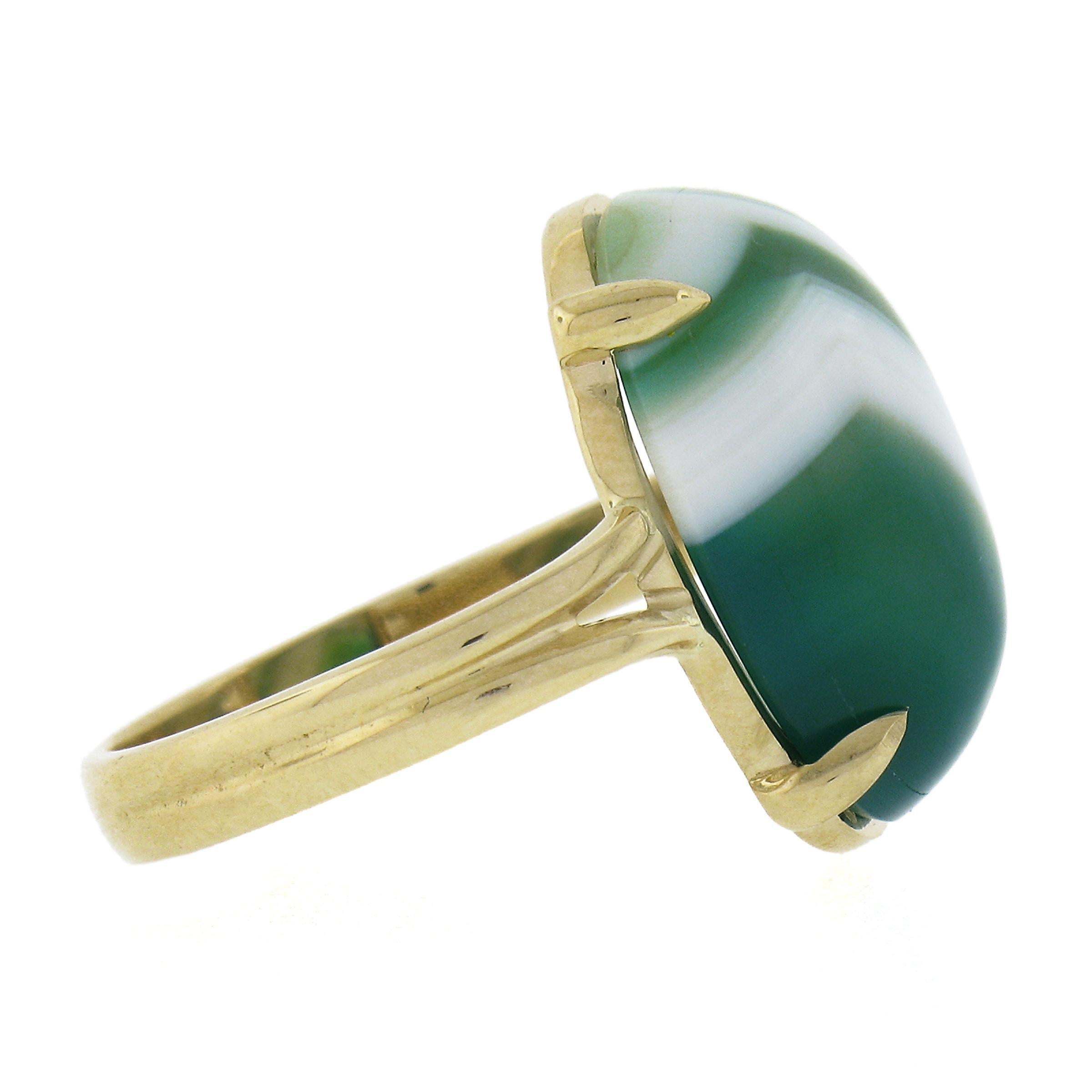 Women's New 14k Yellow Gold 18x12.9mm Oval Cabochon Prong Set Green Agate Solitaire Ring For Sale