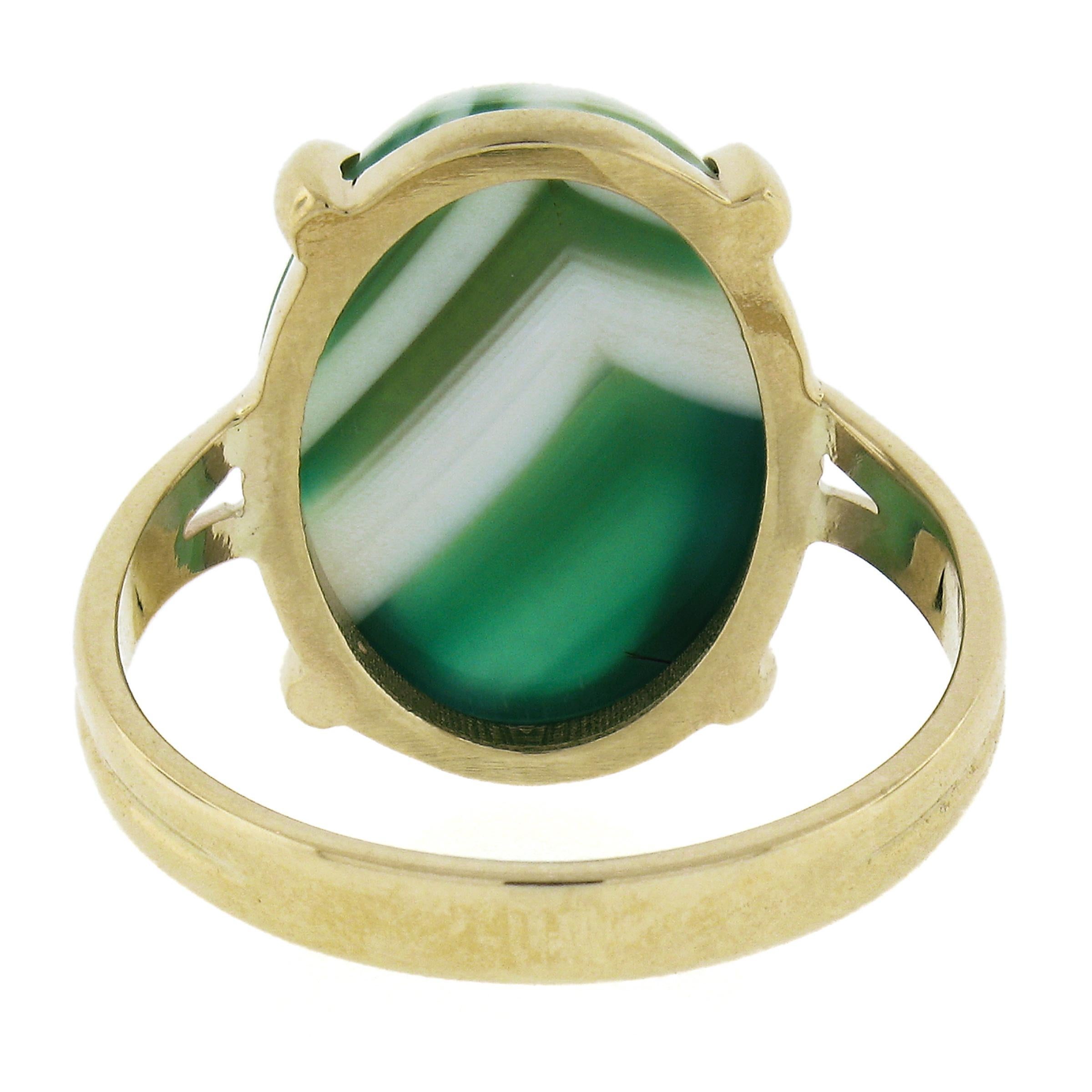 New 14k Yellow Gold 18x12.9mm Oval Cabochon Prong Set Green Agate Solitaire Ring For Sale 1