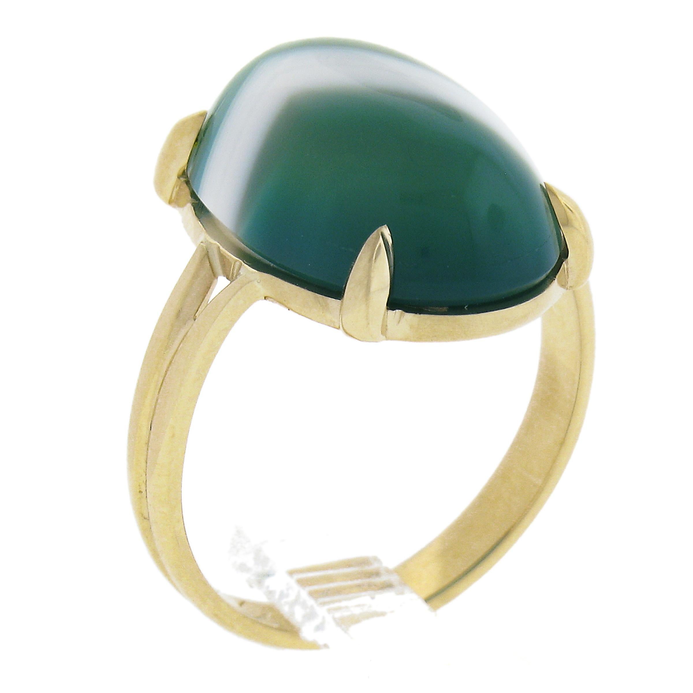 New 14k Yellow Gold 18x12.9mm Oval Cabochon Prong Set Green Agate Solitaire Ring For Sale 3