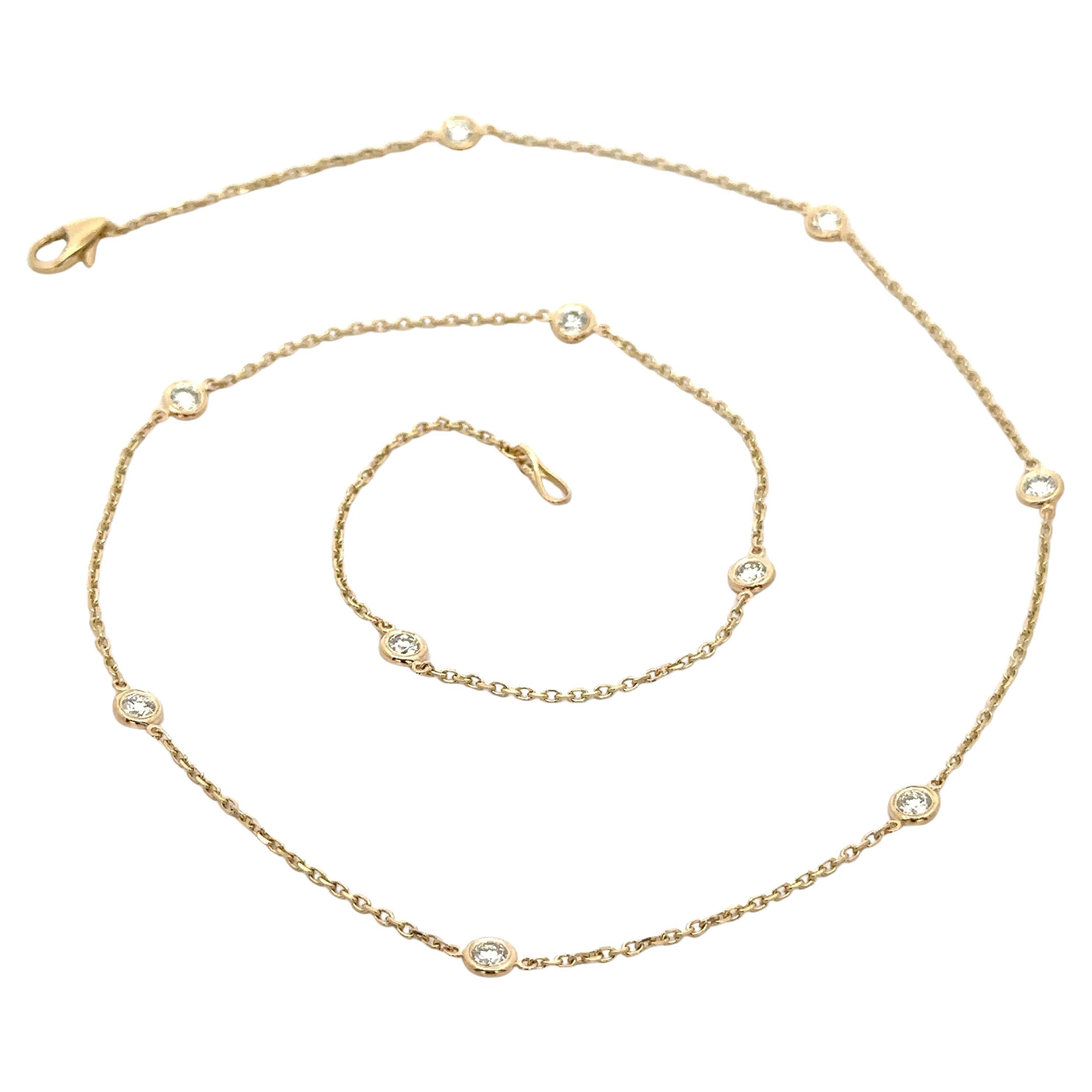 New 14k Yellow Gold 1ctw Round Diamond 18" By The Yard Chain 10 Station Necklace