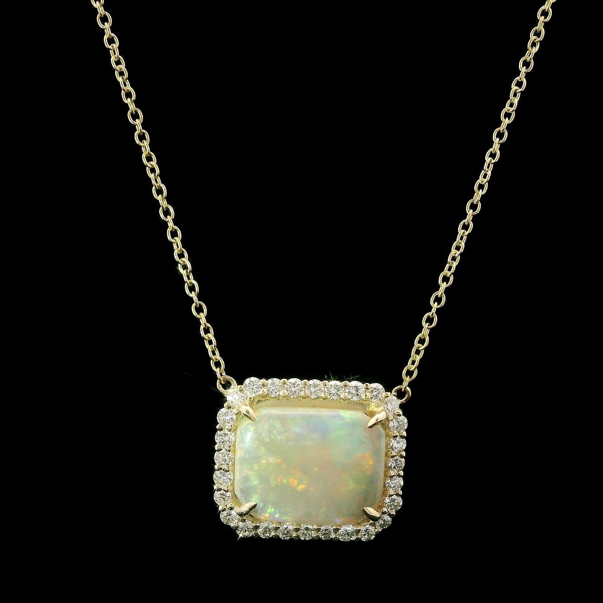 New 14k Yellow Gold 2.15ctw Cushion Opal w/ Diamond Halo Pendant Chain Necklace For Sale 5