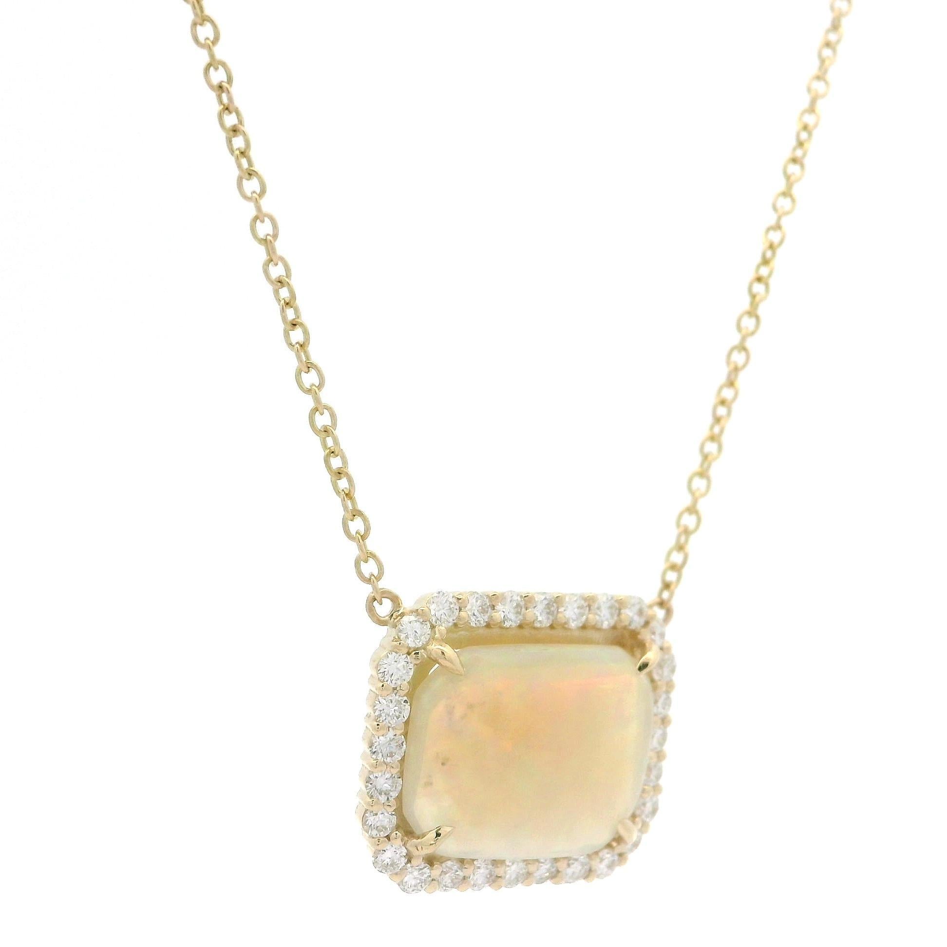 Cabochon New 14k Yellow Gold 2.15ctw Cushion Opal w/ Diamond Halo Pendant Chain Necklace For Sale