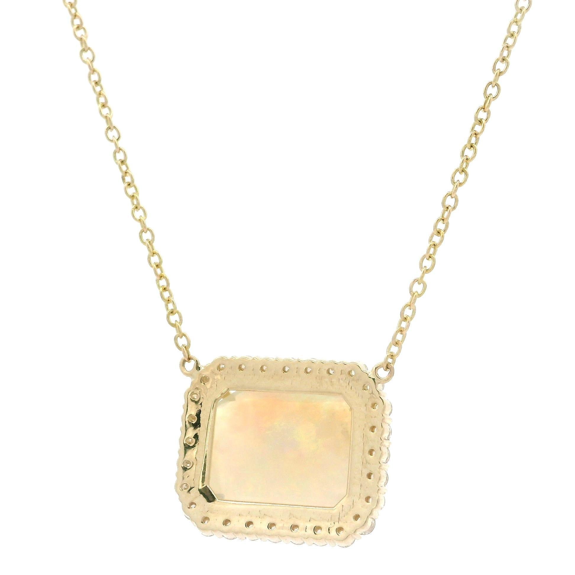 New 14k Yellow Gold 2.15ctw Cushion Opal w/ Diamond Halo Pendant Chain Necklace In New Condition For Sale In Montclair, NJ