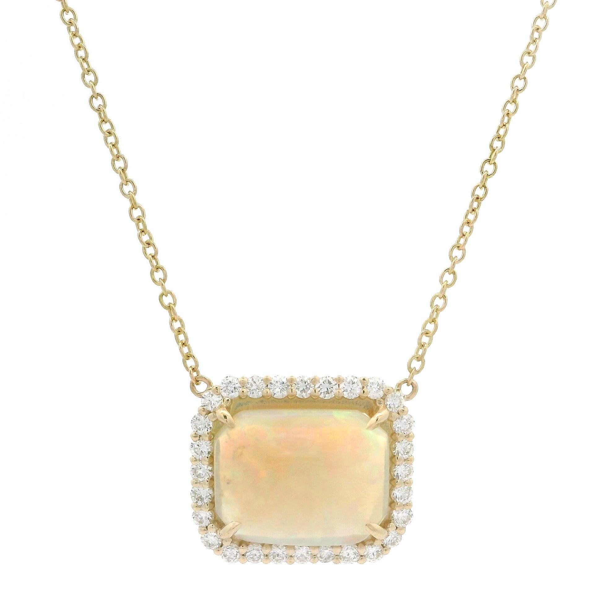 New 14k Yellow Gold 2.15ctw Cushion Opal w/ Diamond Halo Pendant Chain Necklace For Sale 3