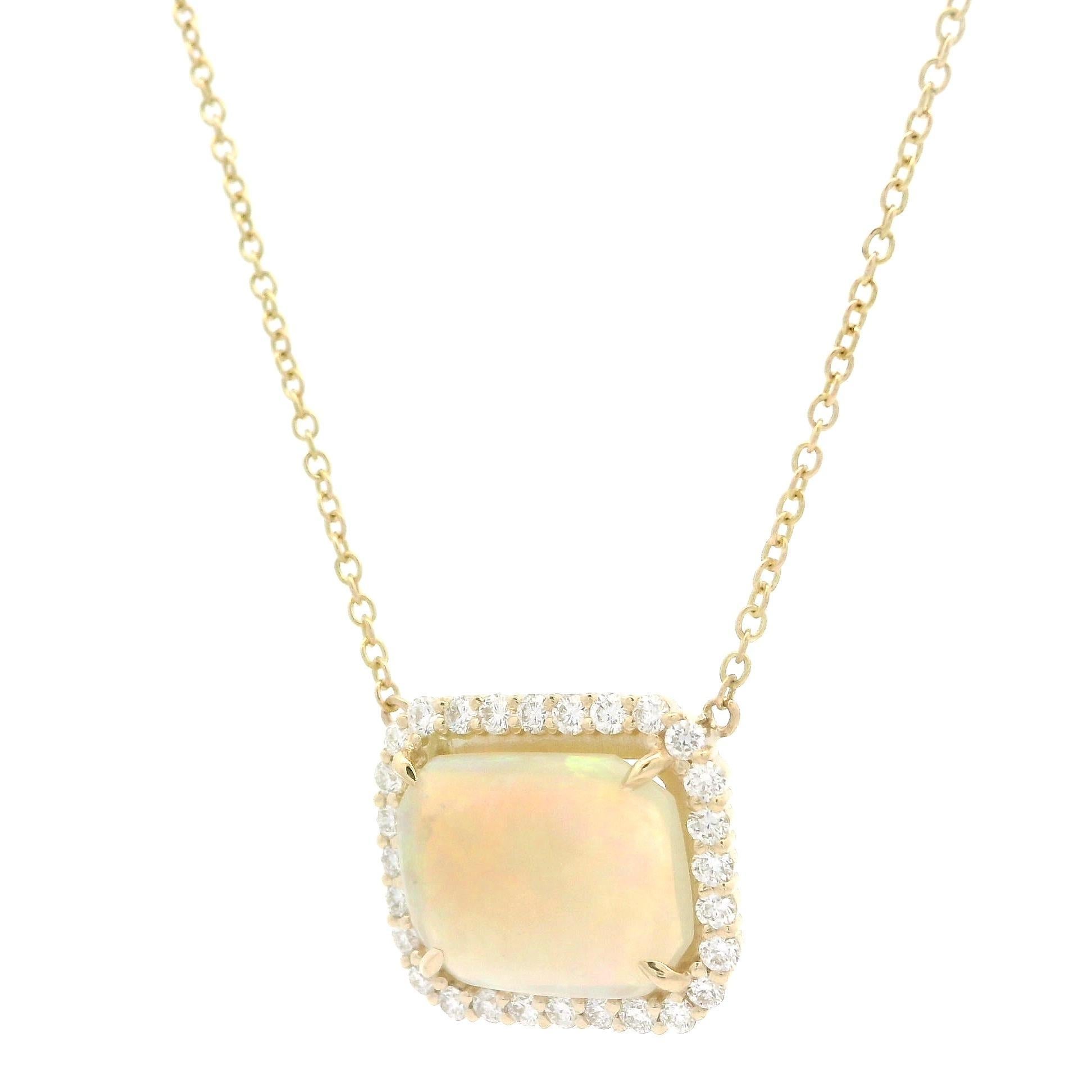 New 14k Yellow Gold 2.15ctw Cushion Opal w/ Diamond Halo Pendant Chain Necklace For Sale 4