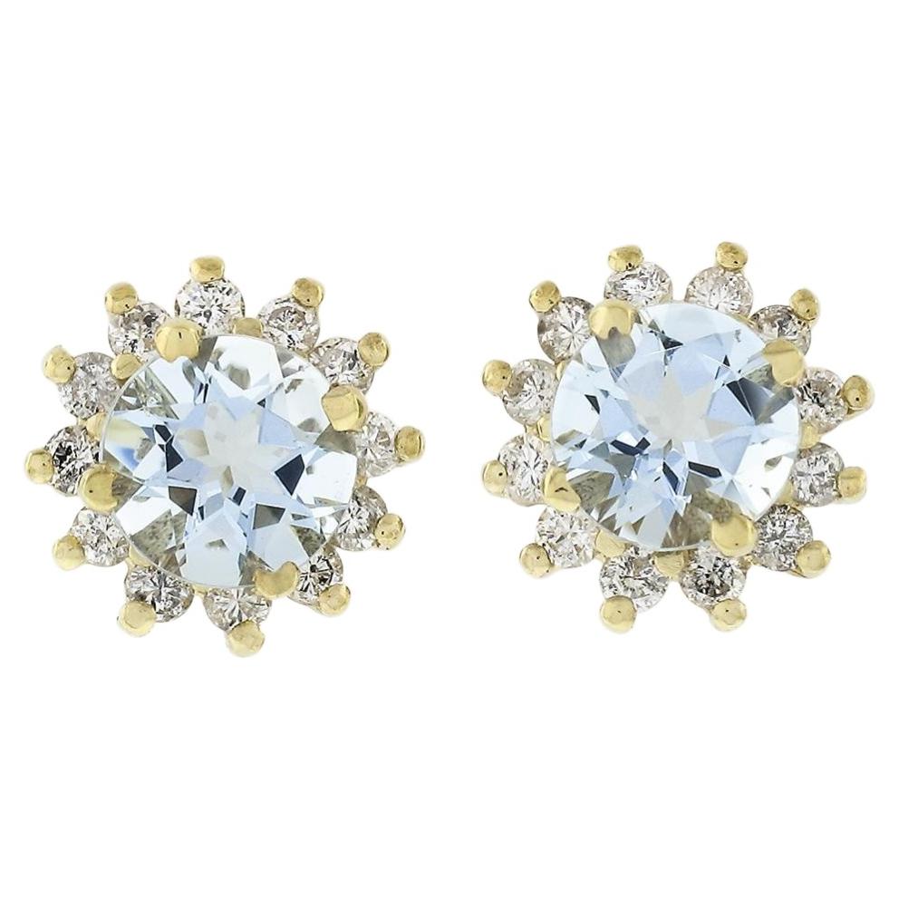New 14k Yellow Gold 2.1ctw Round Aquamarine Diamond Halo Cluster Stud Earrings