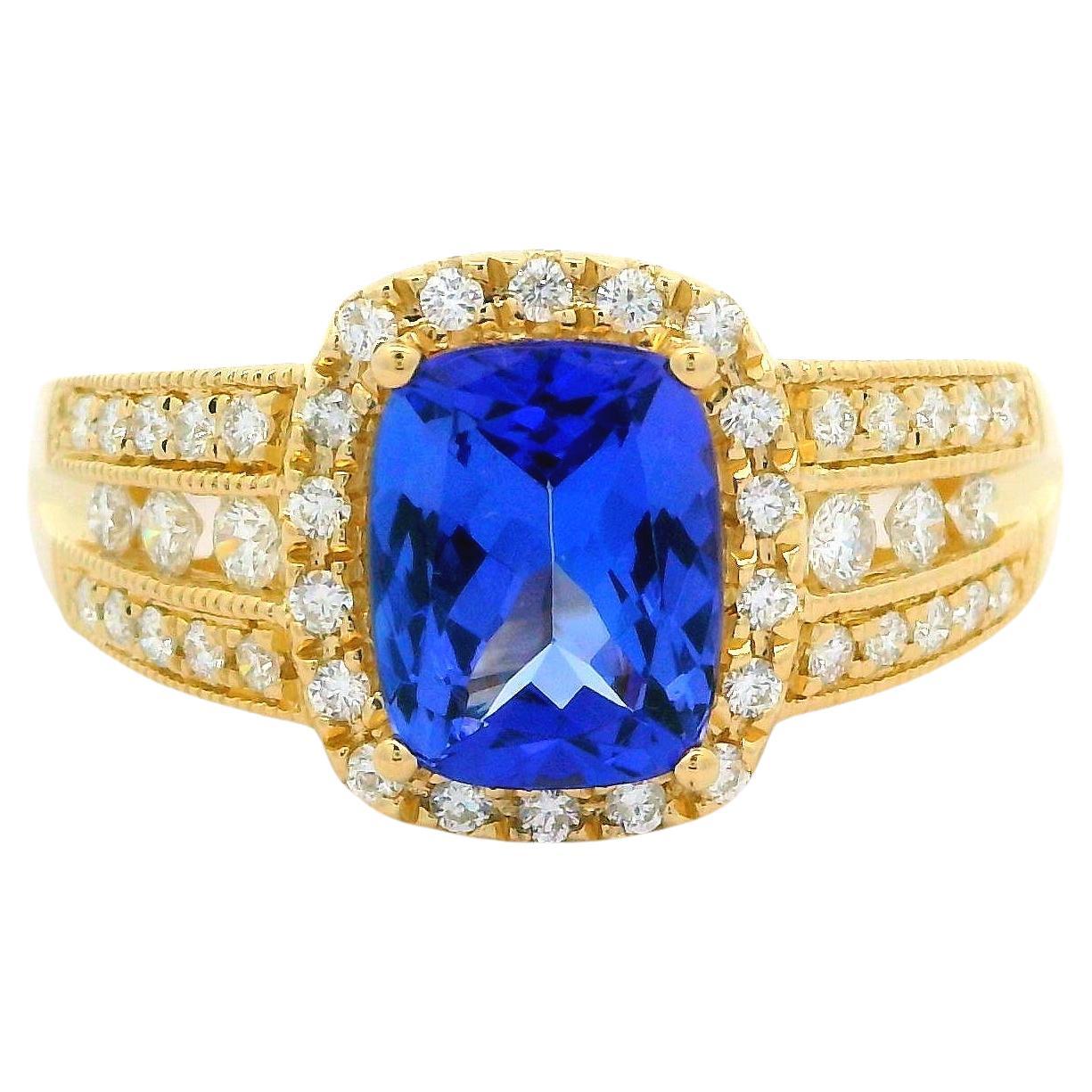 New 14k Yellow Gold 2.27ctw Cushion Tanzanite & Diamond Solitaire Cocktail Ring