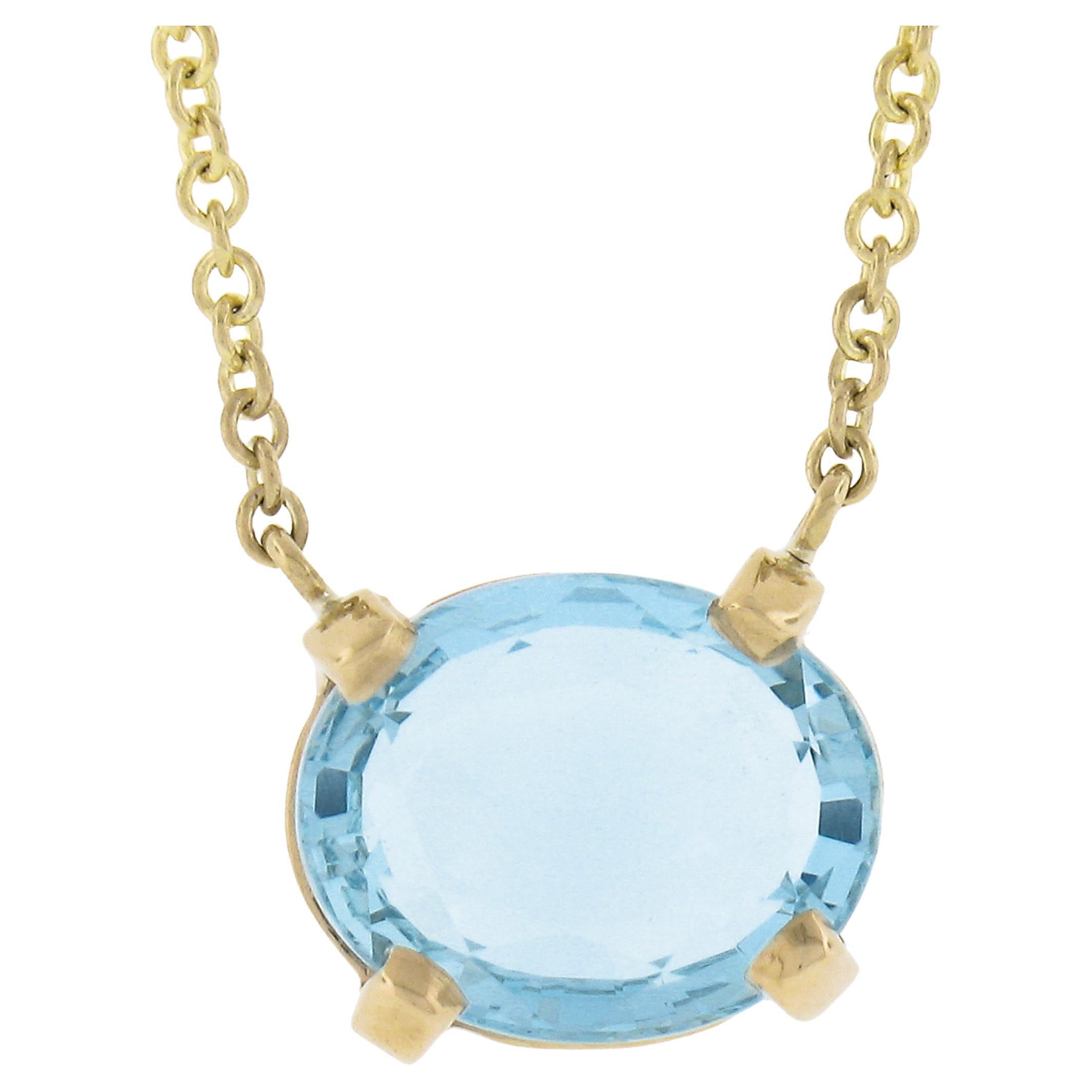 New 14k Yellow Gold 2.46ct Oval Aquamarine Pendant & 16" or 18" Adjustable Chain For Sale