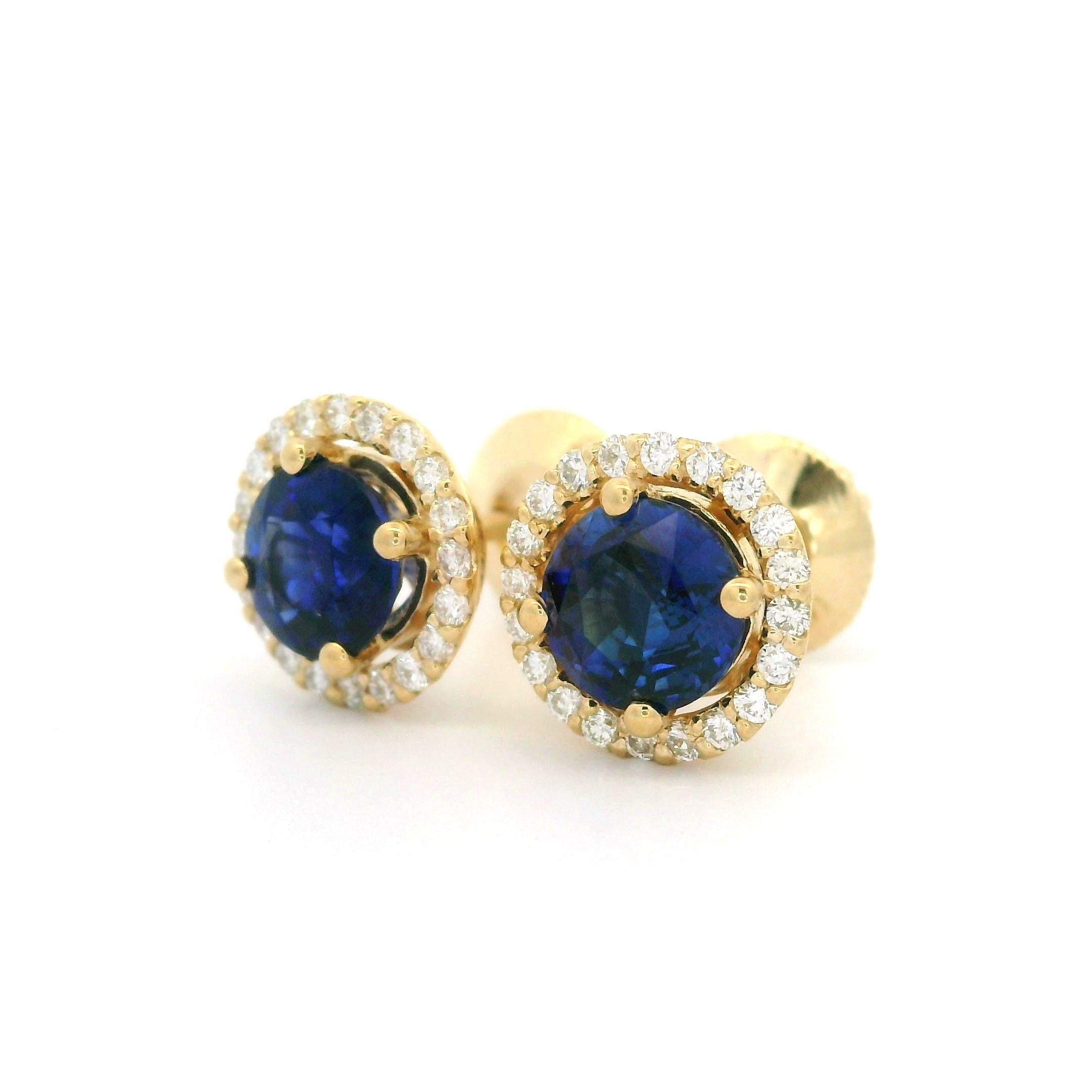 Clous d'oreilles en or jaune 14 carats avec saphirs 2,51 carats et diamants halo en vente 6