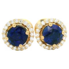 Nuevo Pendientes de oro amarillo de 14k con halo de zafiros y diamantes de 2,51 ctw