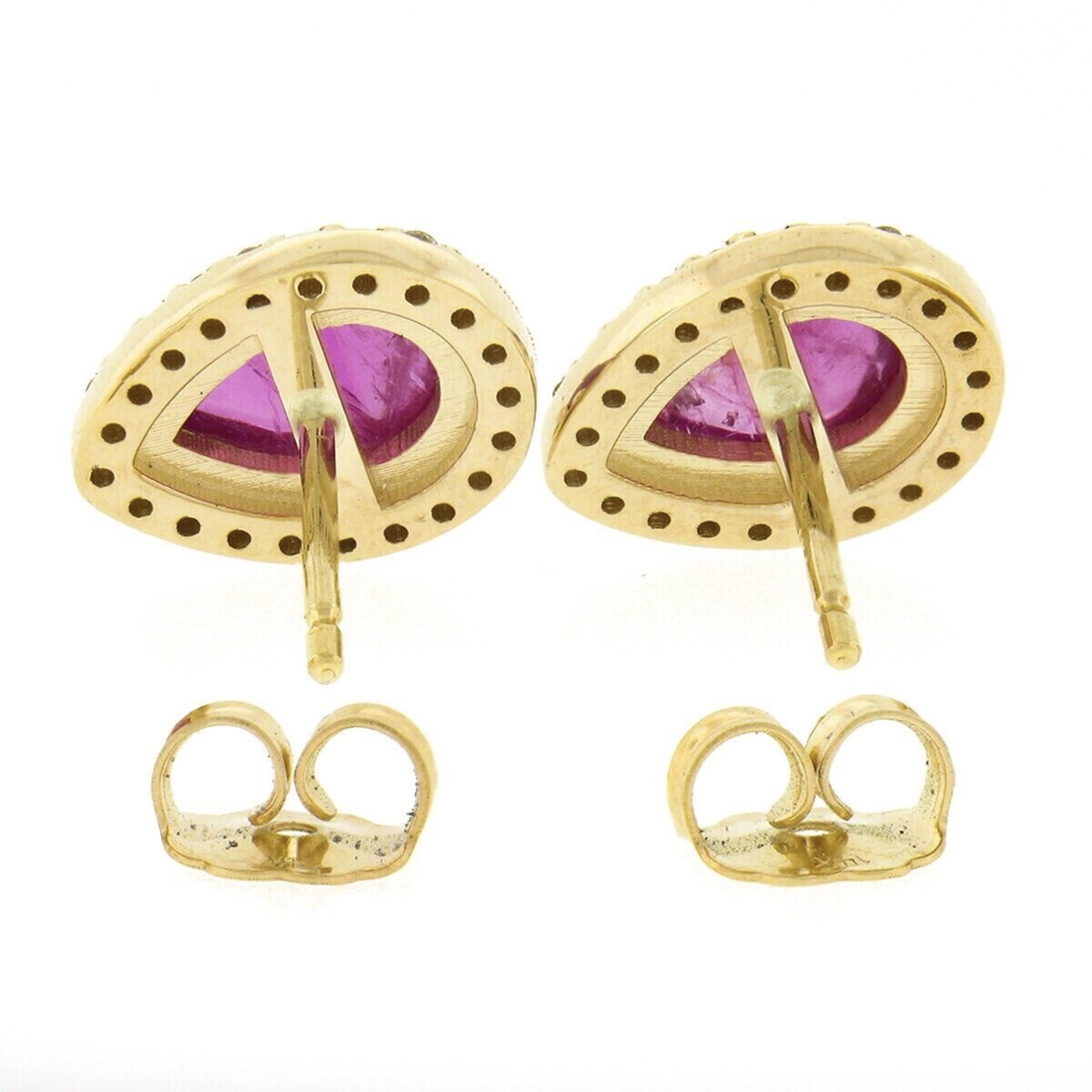 Pear Cut New 14K Yellow Gold 2.98ct Pear Cabochon Ruby W/ Pave Diamond Halo Stud Earrings For Sale