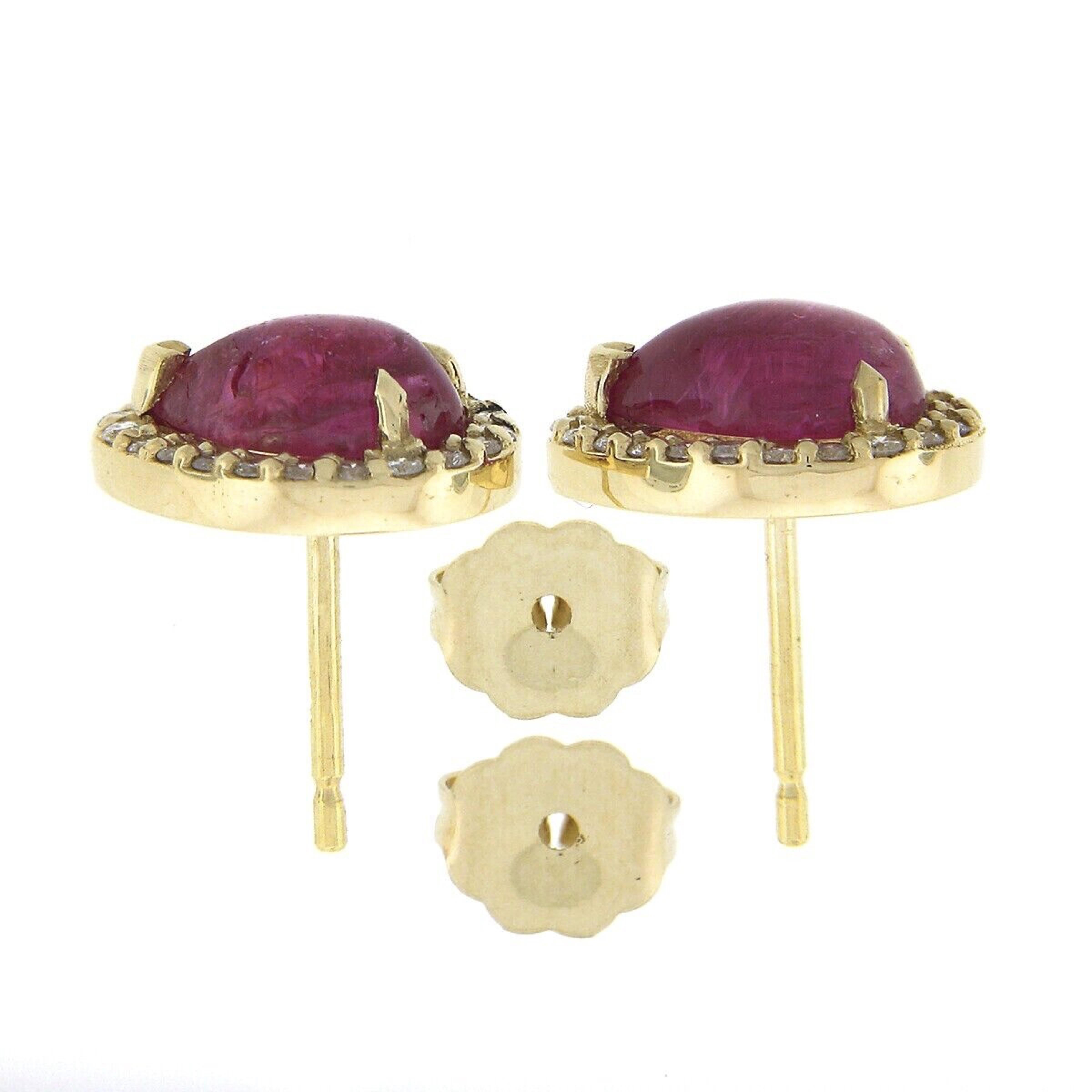 New 14K Yellow Gold 2.98ct Pear Cabochon Ruby W/ Pave Diamond Halo Stud Earrings In New Condition For Sale In Montclair, NJ