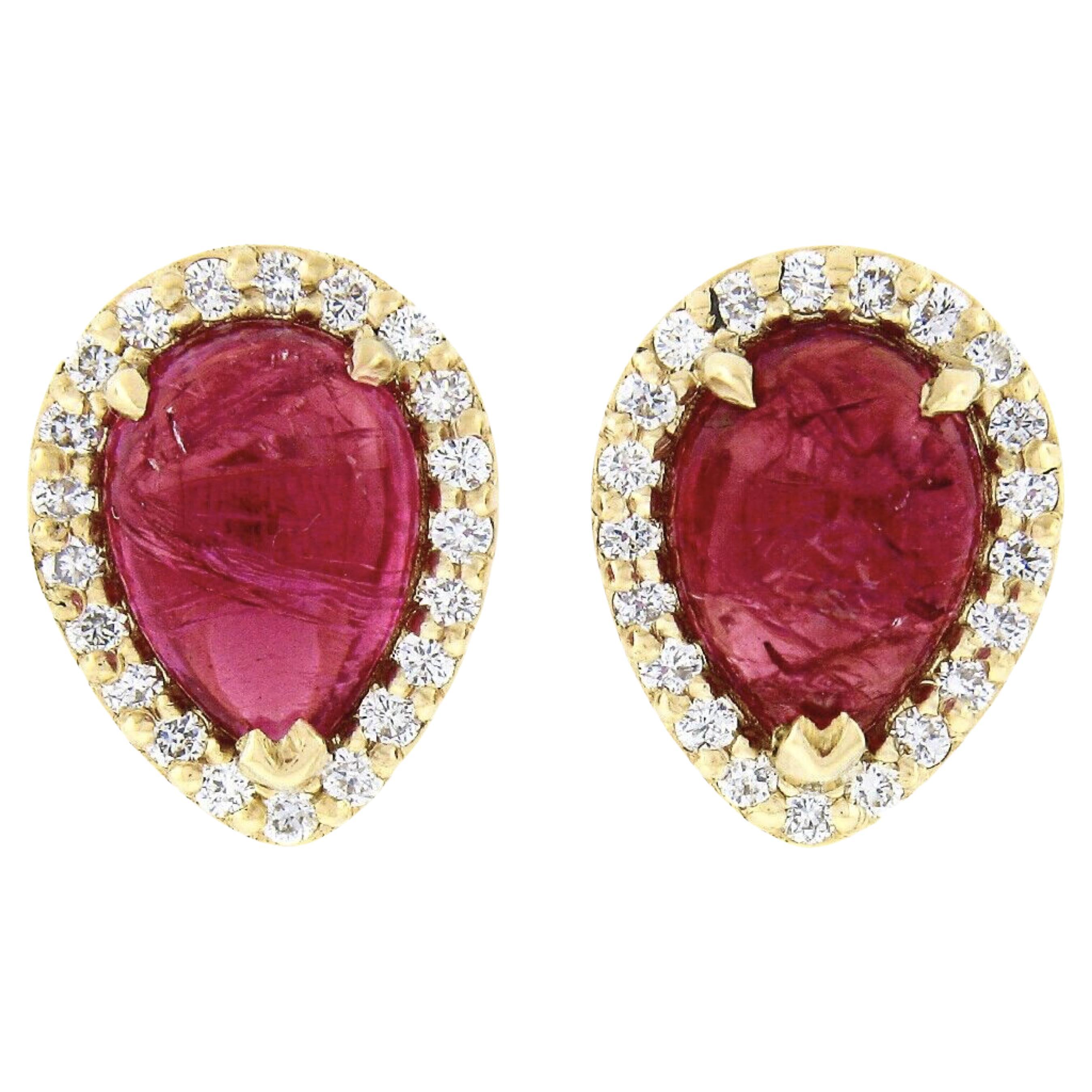 New 14K Yellow Gold 2.98ct Pear Cabochon Ruby W/ Pave Diamond Halo Stud Earrings For Sale