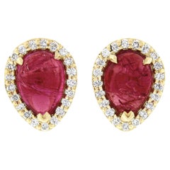New 14K Yellow Gold 2.98ct Pear Cabochon Ruby W/ Pave Diamond Halo Stud Earrings